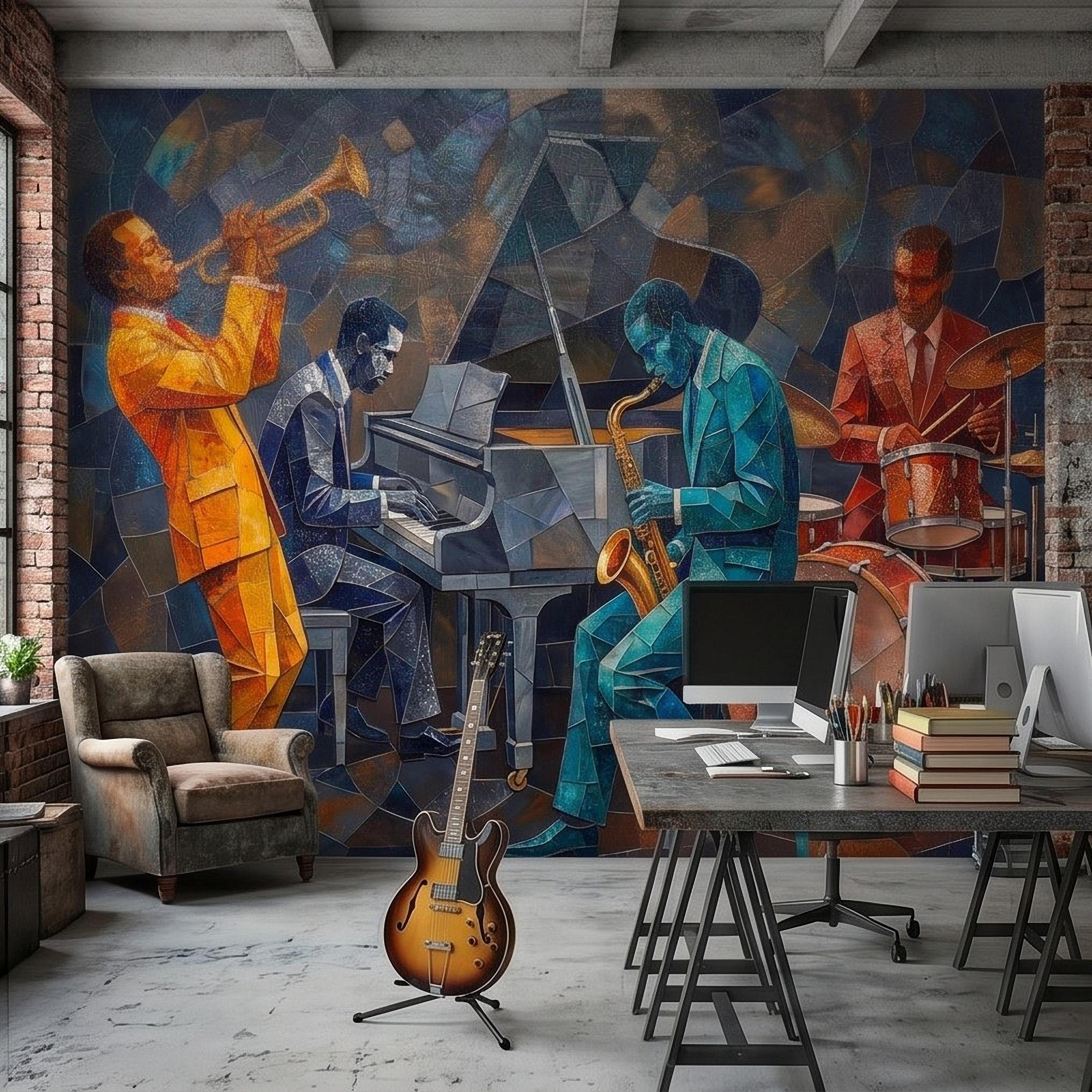 Cubist Jazz Band Peel and Stick Wall Mural, Geometric Mosaic Musicians with Trumpet Piano Sax Drums, Mid Century Art Deco Lounge Wallpaper