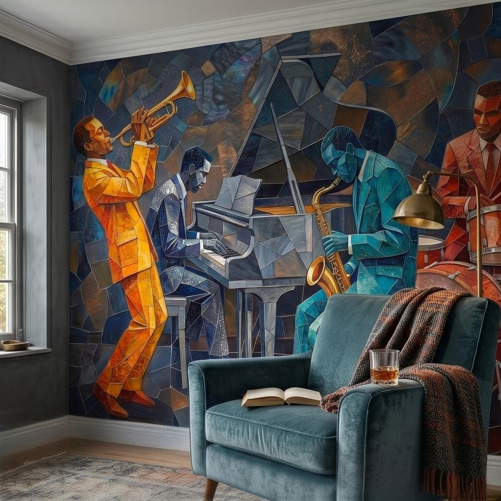Cubist Jazz Band Peel and Stick Wall Mural, Geometric Mosaic Musicians with Trumpet Piano Sax Drums, Mid Century Art Deco Lounge Wallpaper