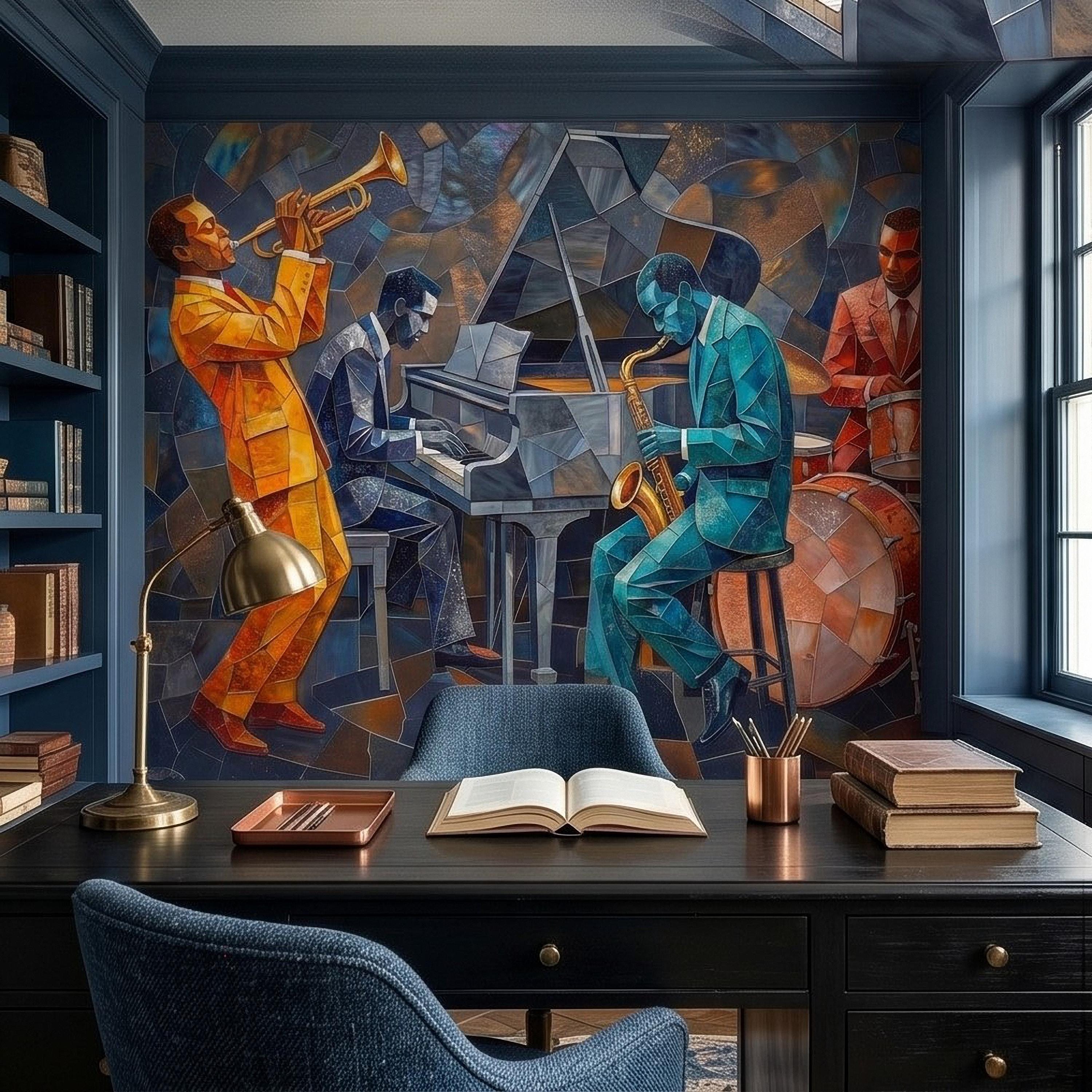 Cubist Jazz Band Peel and Stick Wall Mural, Geometric Mosaic Musicians with Trumpet Piano Sax Drums, Mid Century Art Deco Lounge Wallpaper
