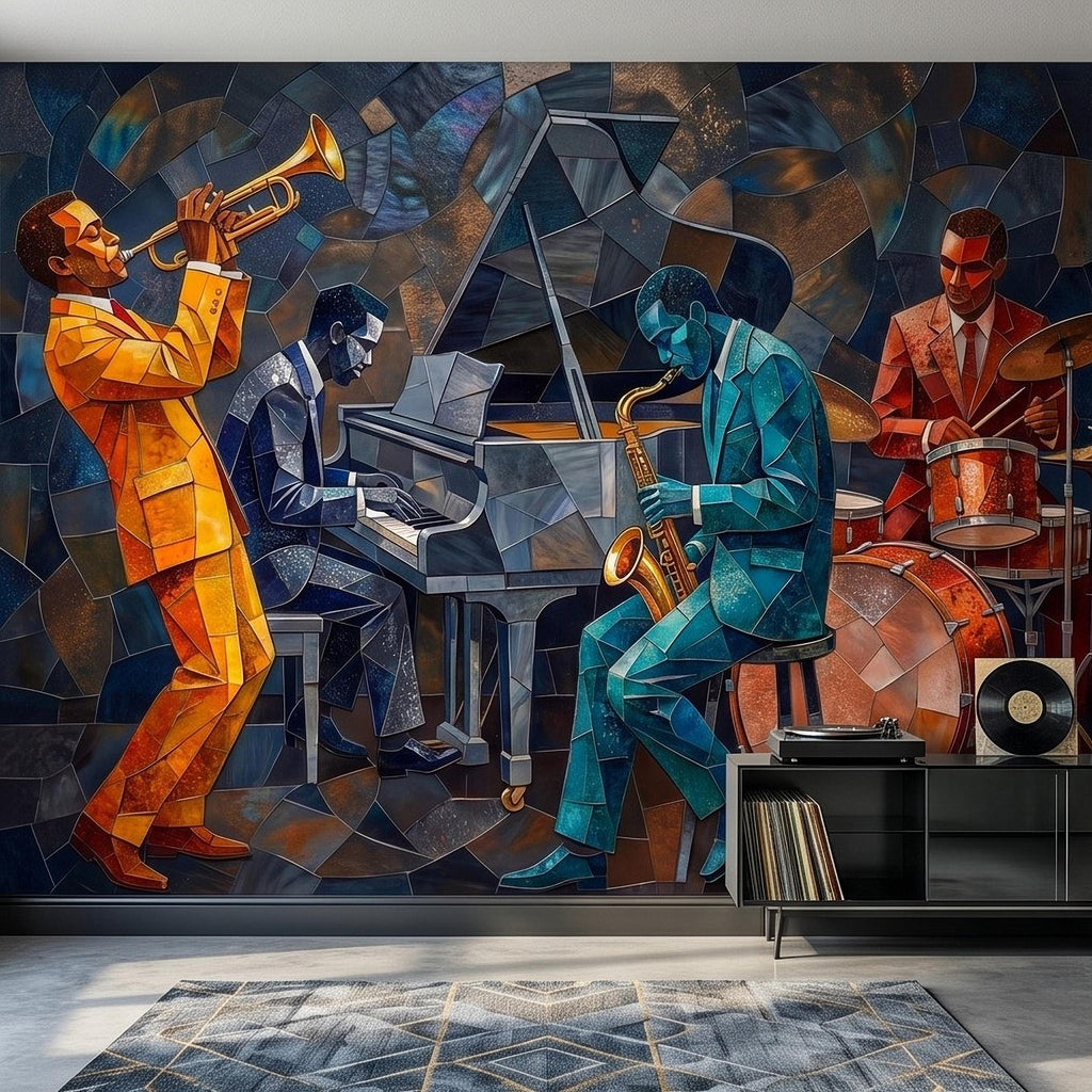 Cubist Jazz Band Peel and Stick Wall Mural, Geometric Mosaic Musicians with Trumpet Piano Sax Drums, Mid Century Art Deco Lounge Wallpaper