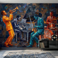 Cubist Jazz Band Peel and Stick Wall Mural, Geometric Mosaic Musicians with Trumpet Piano Sax Drums, Mid Century Art Deco Lounge Wallpaper