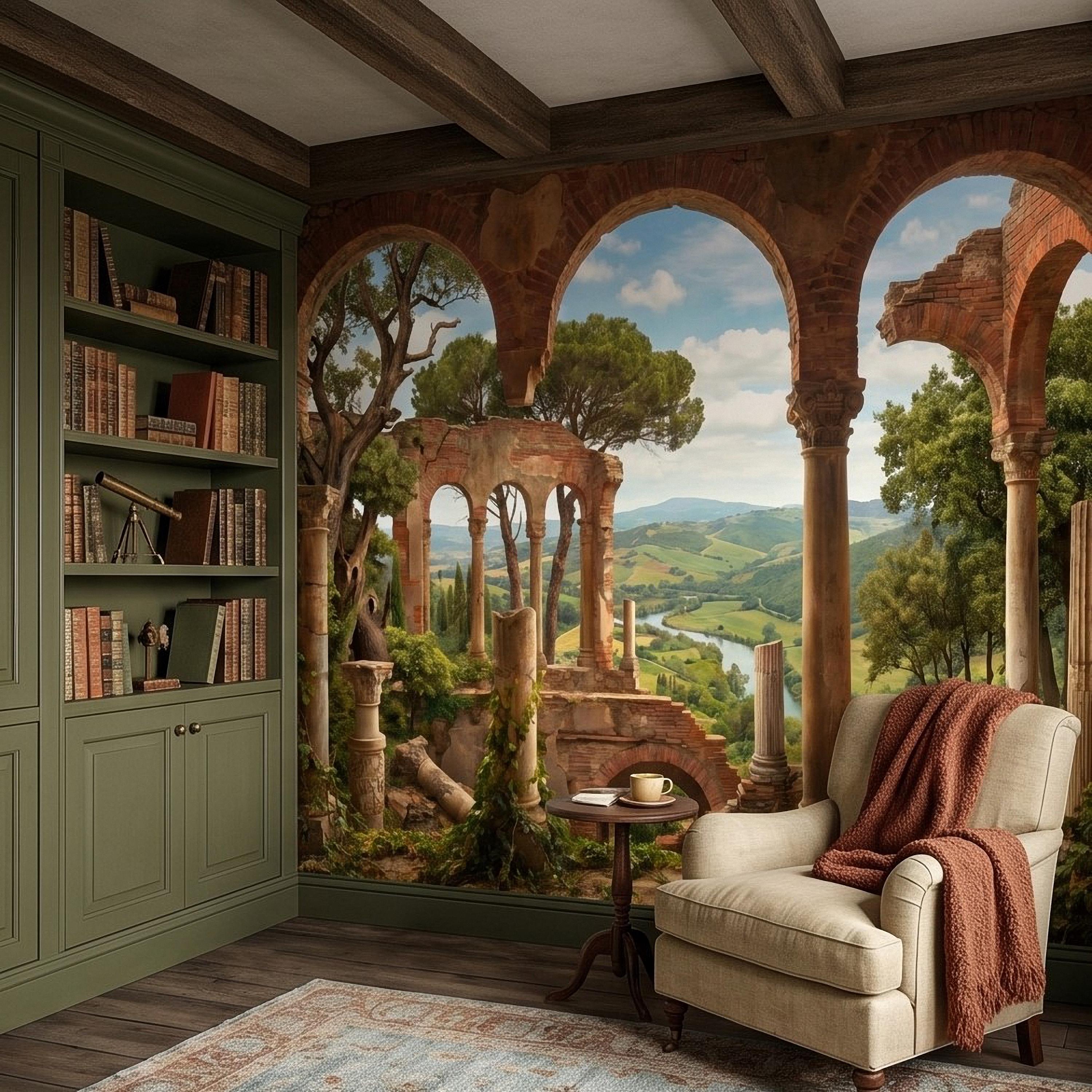 Roman Ruins Archway Peel and Stick Wall Mural, Tuscan Countryside Valley View, Ancient Columns, Mediterranean Landscape Scenic Wallpaper