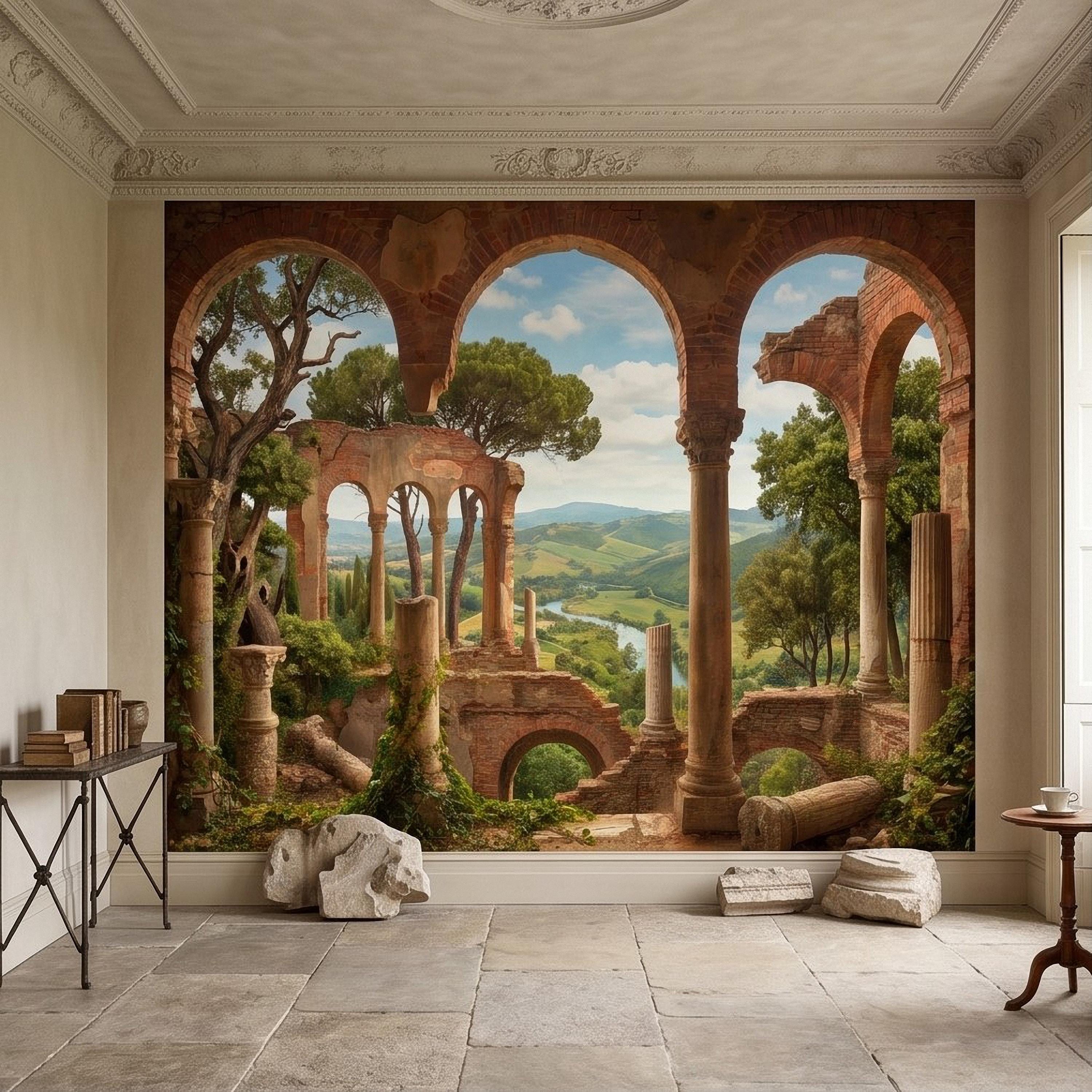 Roman Ruins Archway Peel and Stick Wall Mural, Tuscan Countryside Valley View, Ancient Columns, Mediterranean Landscape Scenic Wallpaper