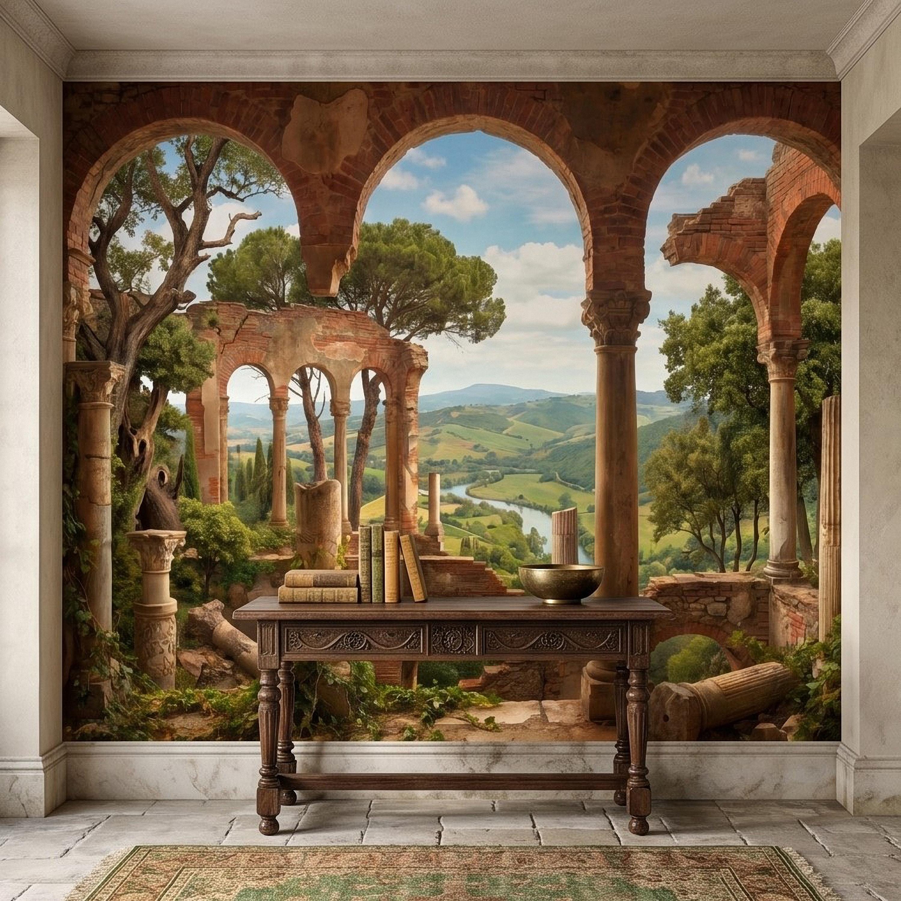 Roman Ruins Archway Peel and Stick Wall Mural, Tuscan Countryside Valley View, Ancient Columns, Mediterranean Landscape Scenic Wallpaper