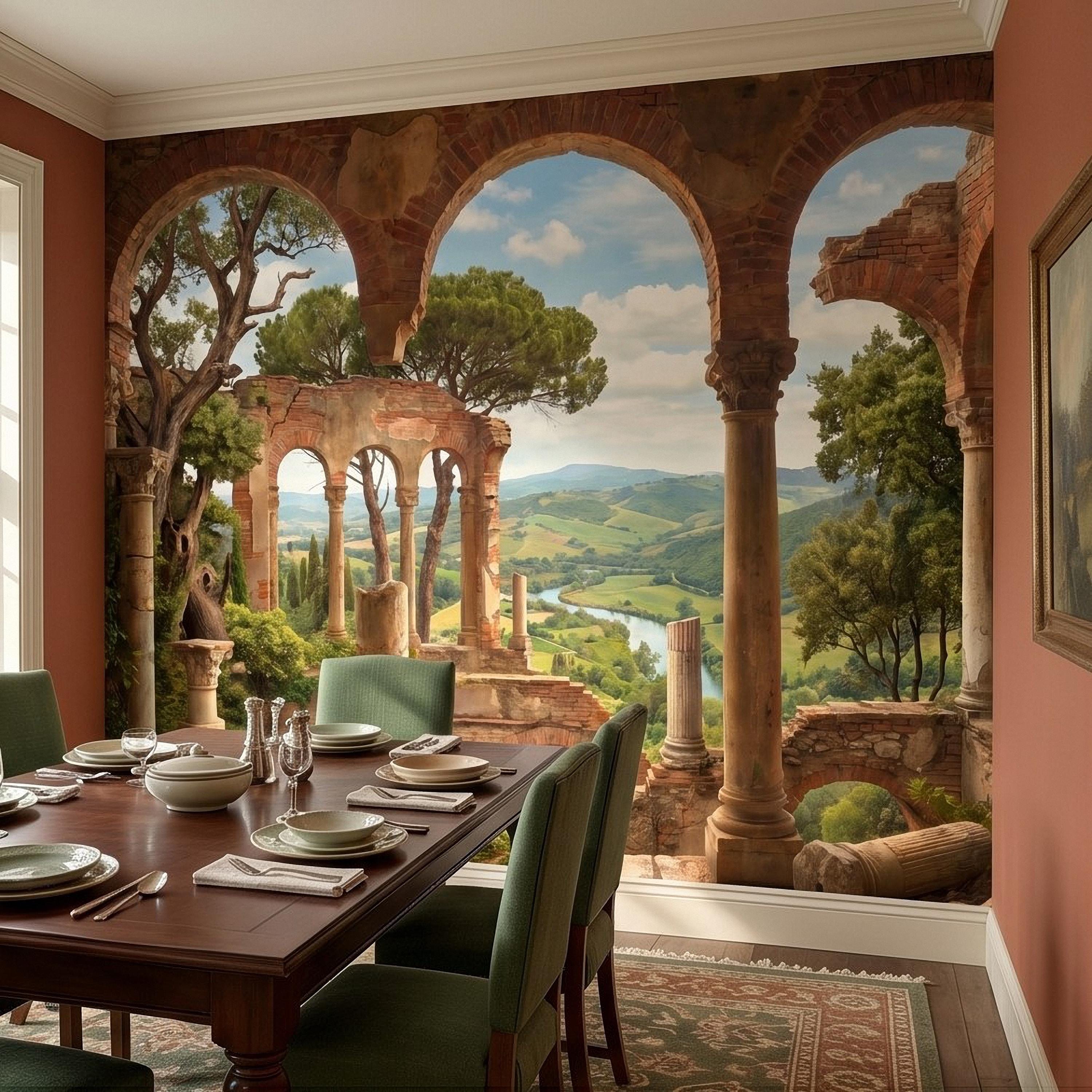 Roman Ruins Archway Peel and Stick Wall Mural, Tuscan Countryside Valley View, Ancient Columns, Mediterranean Landscape Scenic Wallpaper