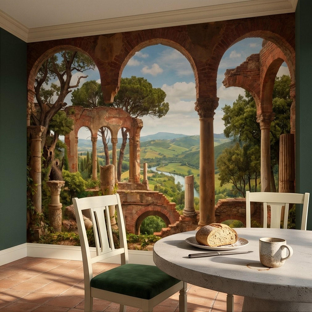 Roman Ruins Archway Peel and Stick Wall Mural, Tuscan Countryside Valley View, Ancient Columns, Mediterranean Landscape Scenic Wallpaper