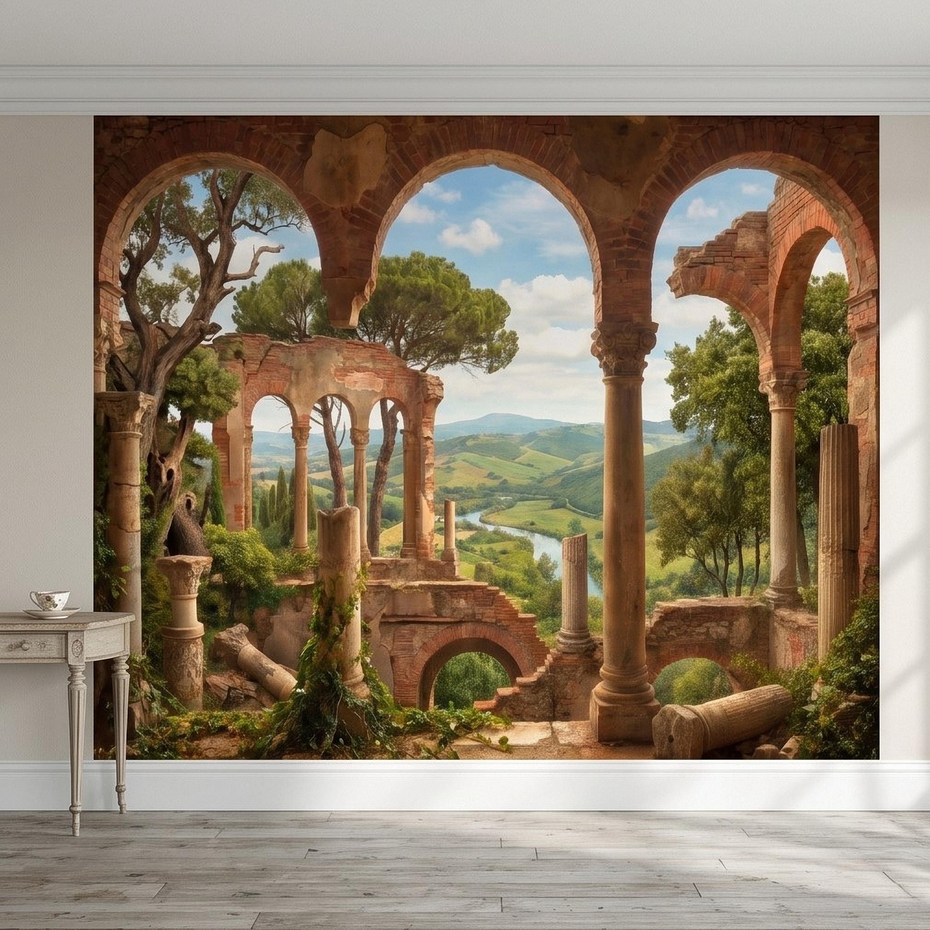 Roman Ruins Archway Peel and Stick Wall Mural, Tuscan Countryside Valley View, Ancient Columns, Mediterranean Landscape Scenic Wallpaper