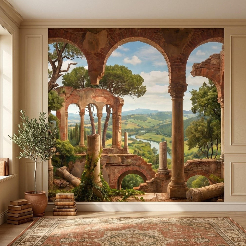 Roman Ruins Archway Peel and Stick Wall Mural, Tuscan Countryside Valley View, Ancient Columns, Mediterranean Landscape Scenic Wallpaper