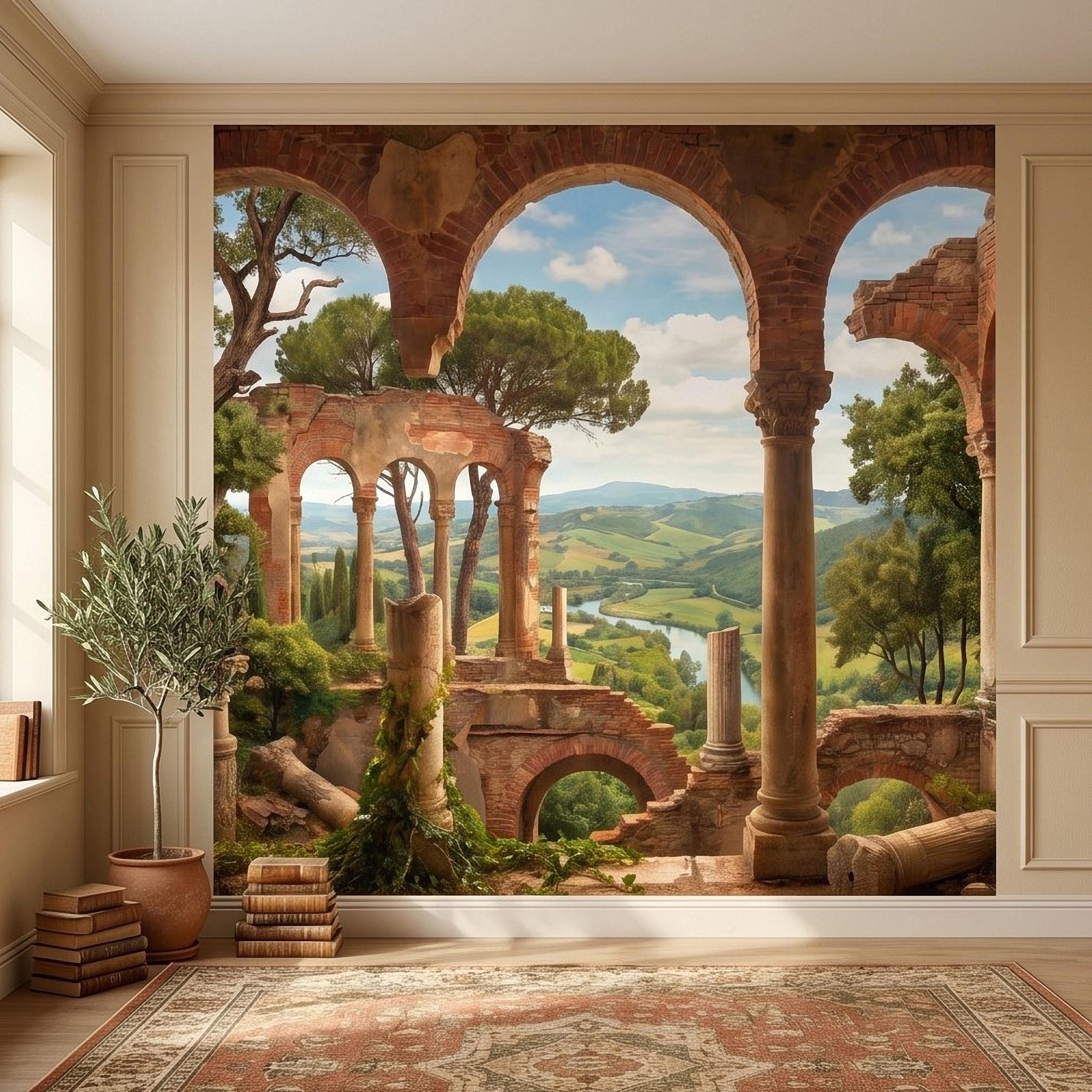 Roman Ruins Archway Peel and Stick Wall Mural, Tuscan Countryside Valley View, Ancient Columns, Mediterranean Landscape Scenic Wallpaper
