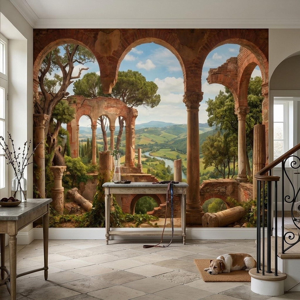 Roman Ruins Archway Peel and Stick Wall Mural, Tuscan Countryside Valley View, Ancient Columns, Mediterranean Landscape Scenic Wallpaper