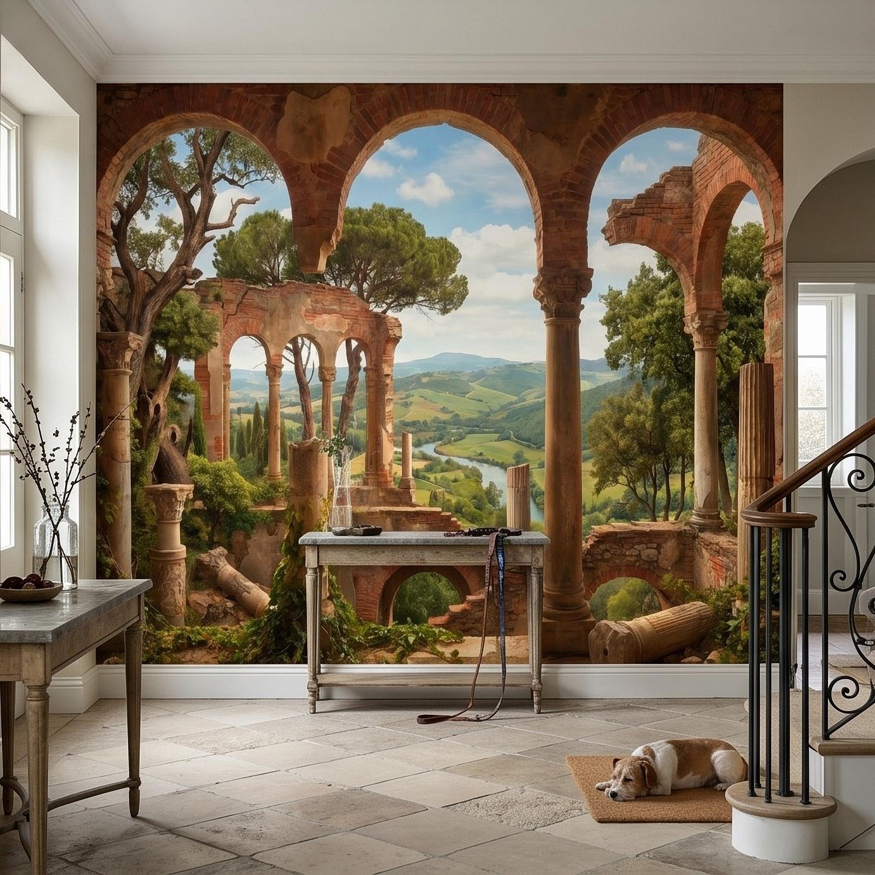 Roman Ruins Archway Peel and Stick Wall Mural, Tuscan Countryside Valley View, Ancient Columns, Mediterranean Landscape Scenic Wallpaper