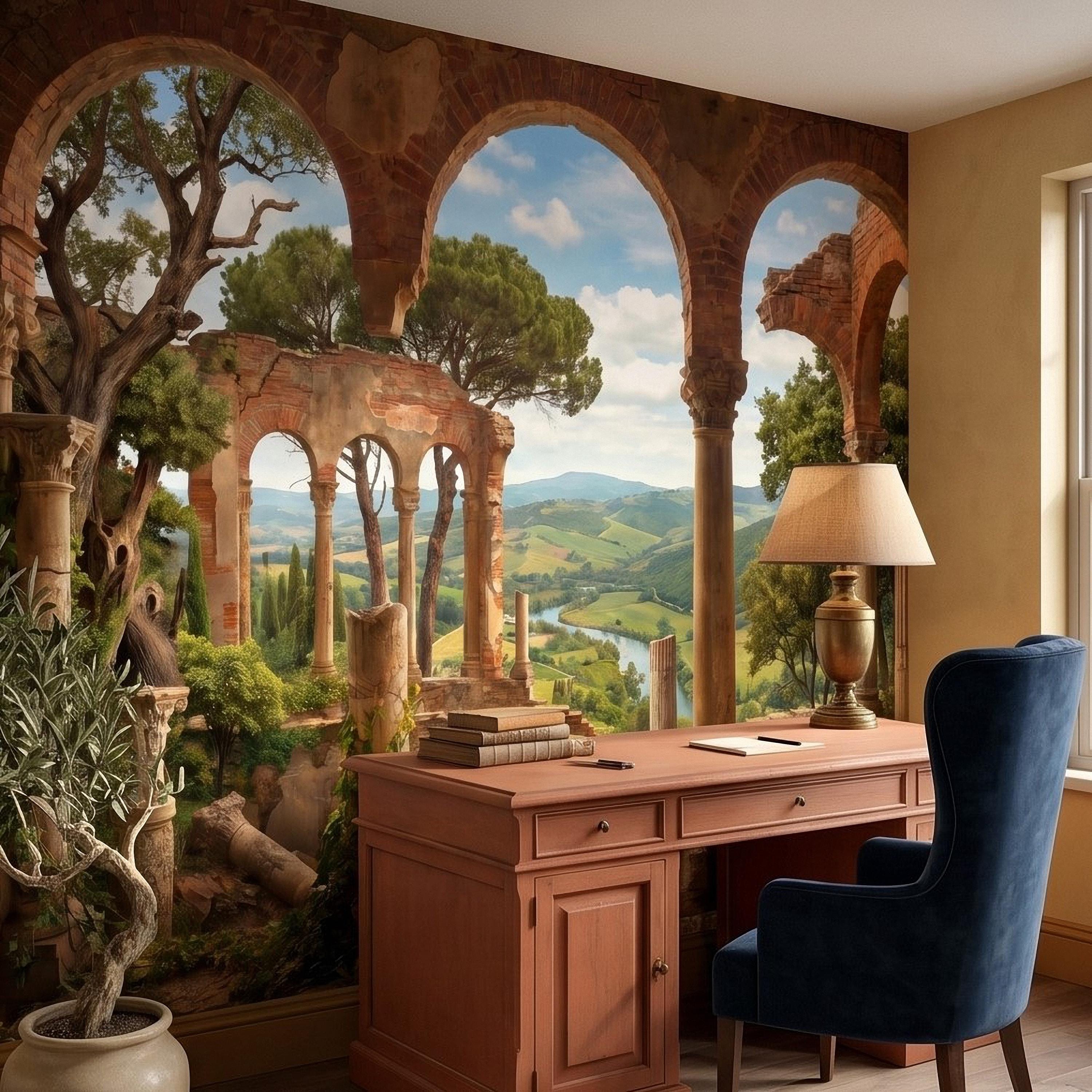 Roman Ruins Archway Peel and Stick Wall Mural, Tuscan Countryside Valley View, Ancient Columns, Mediterranean Landscape Scenic Wallpaper