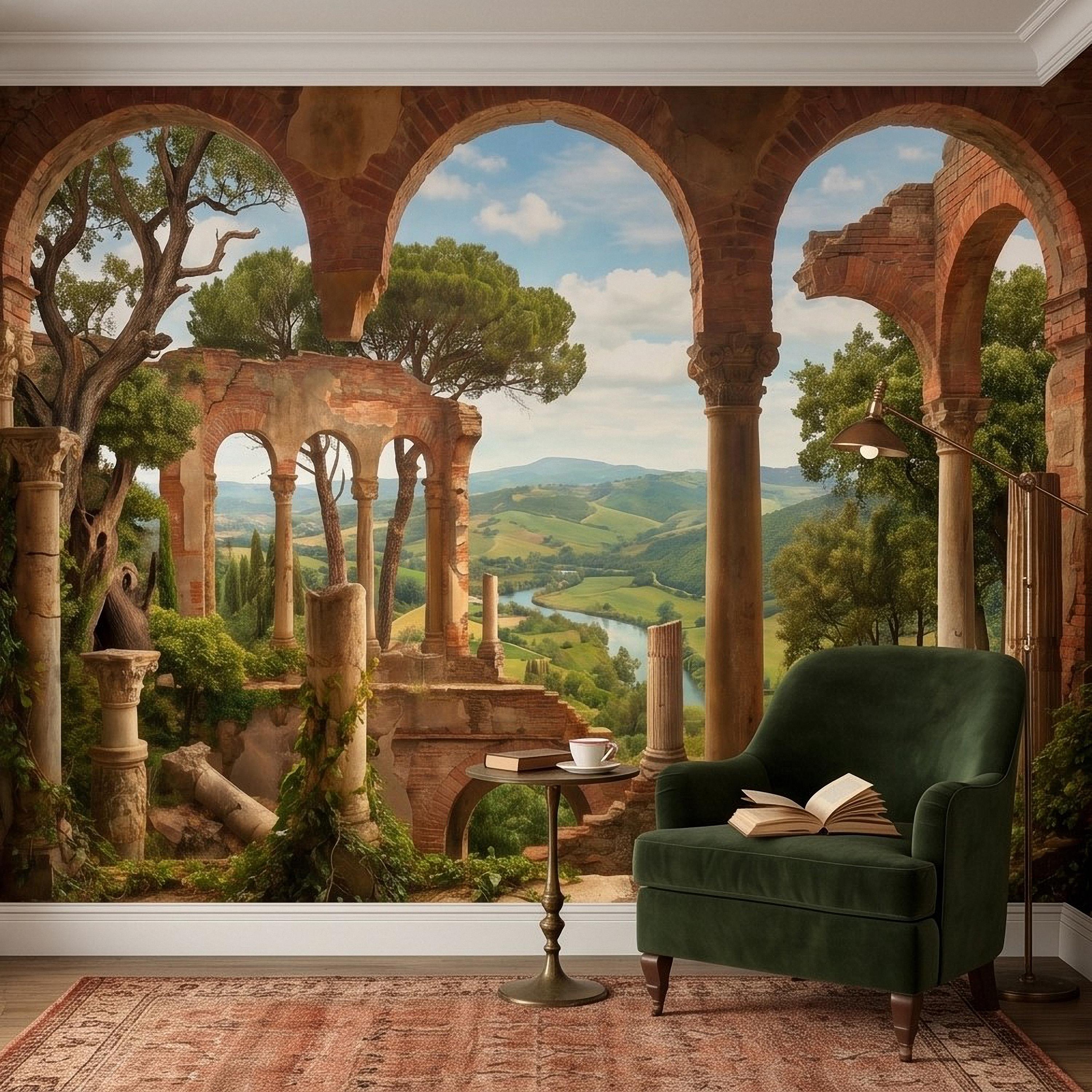 Roman Ruins Archway Peel and Stick Wall Mural, Tuscan Countryside Valley View, Ancient Columns, Mediterranean Landscape Scenic Wallpaper