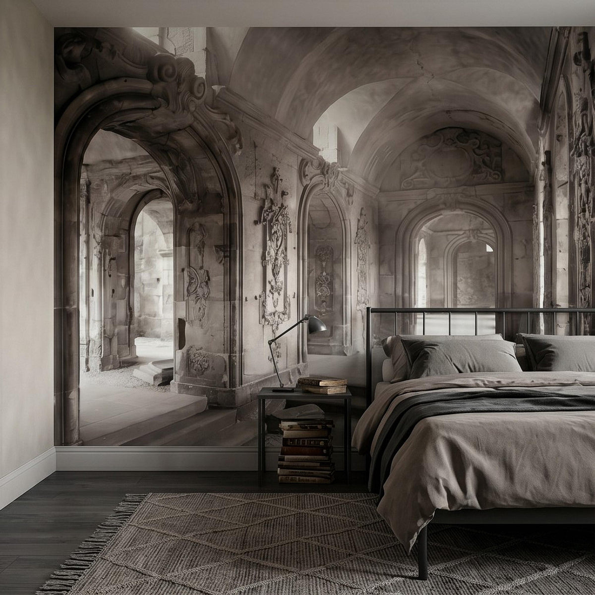Monochrome European corridor wall mural with arched arches, carved columns, and alcoves