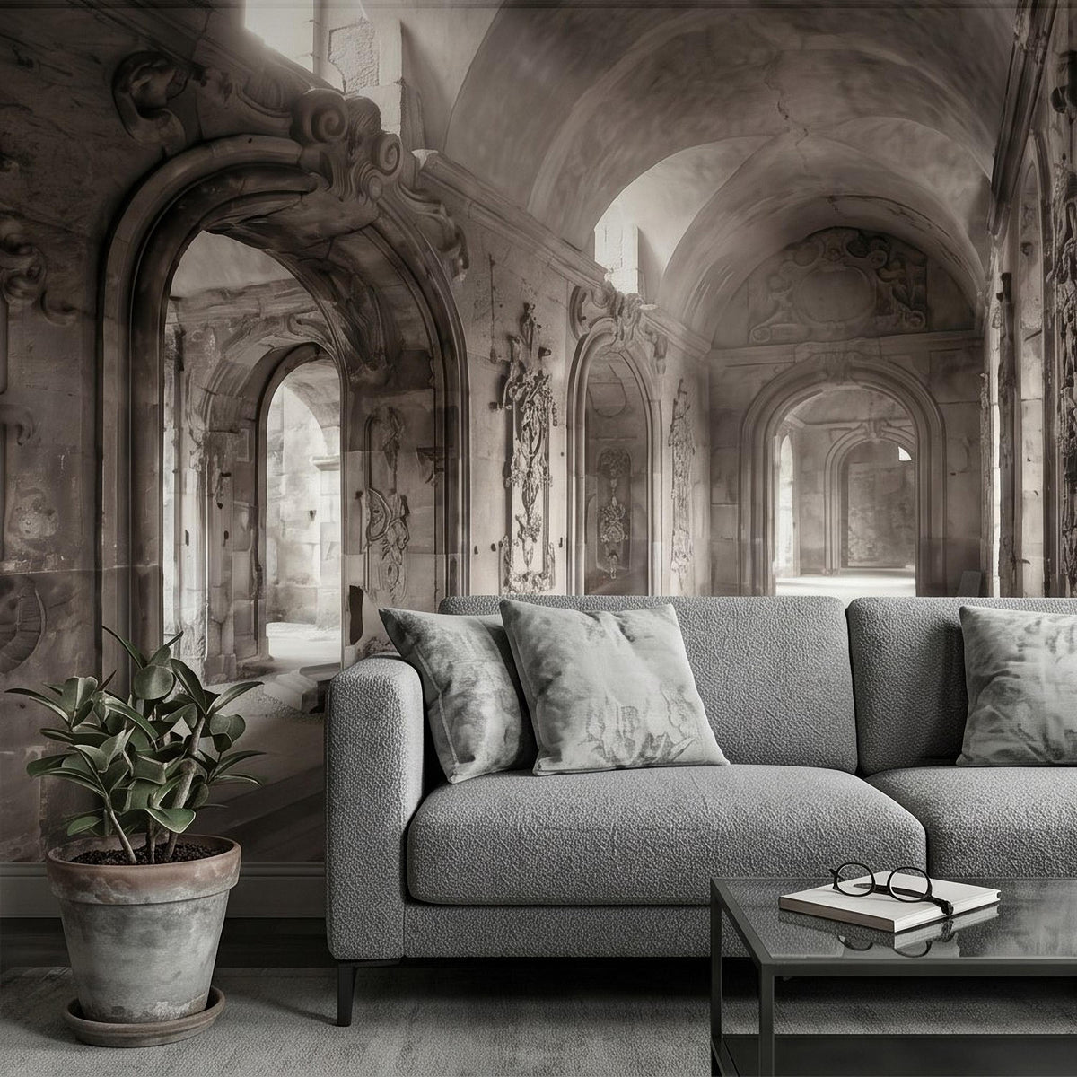 Monochrome European arch corridor wall mural with decorative columns and vaulted ceiling