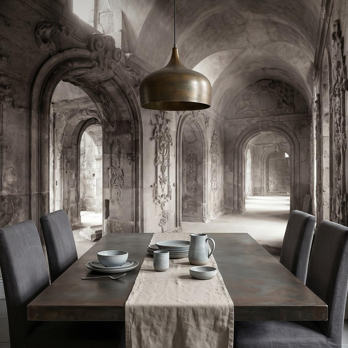 Monochrome hallway wall mural featuring vaulted arches, ornate pillars, and sculpted trim