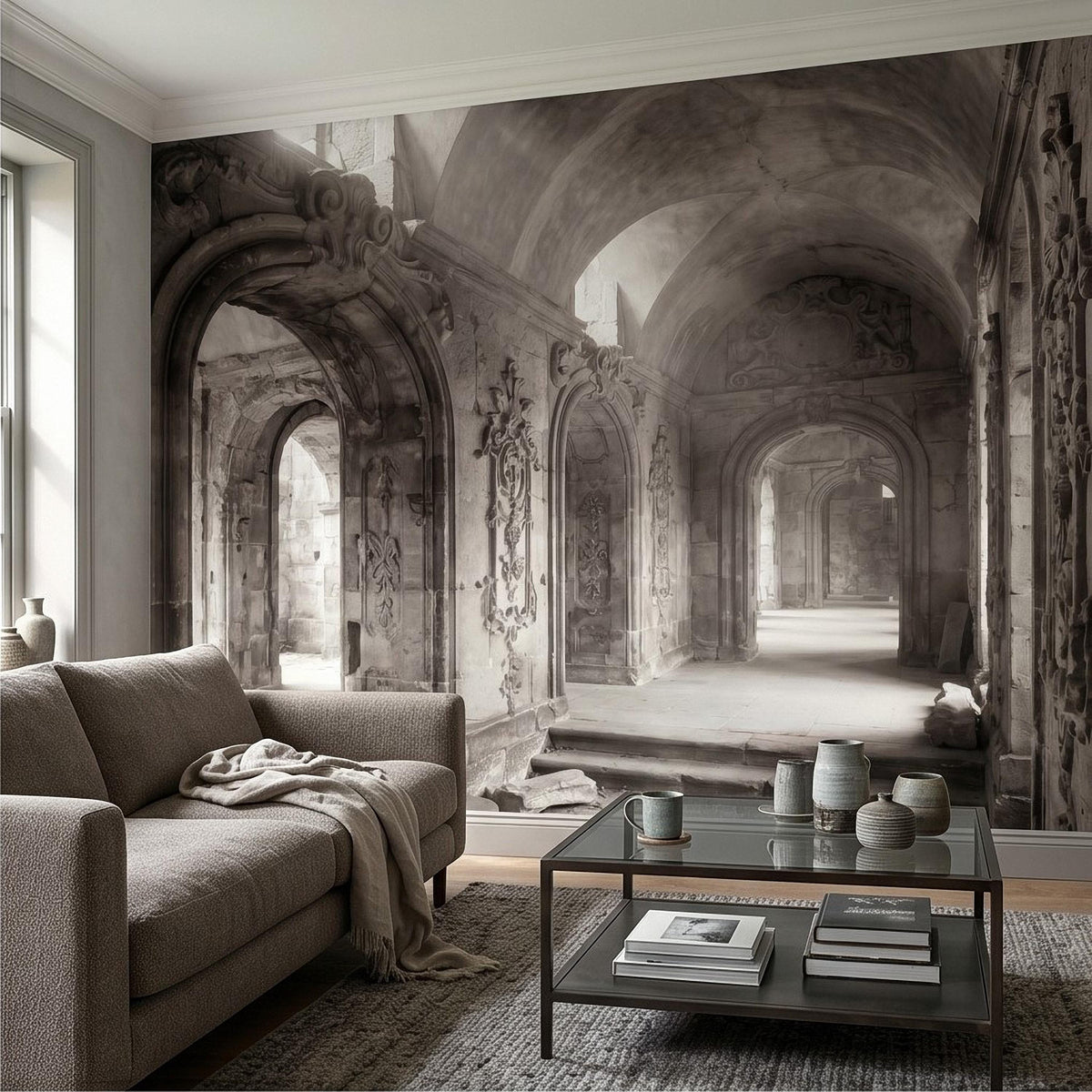 Monochrome baroque corridor wall mural with long archway passage and carved details