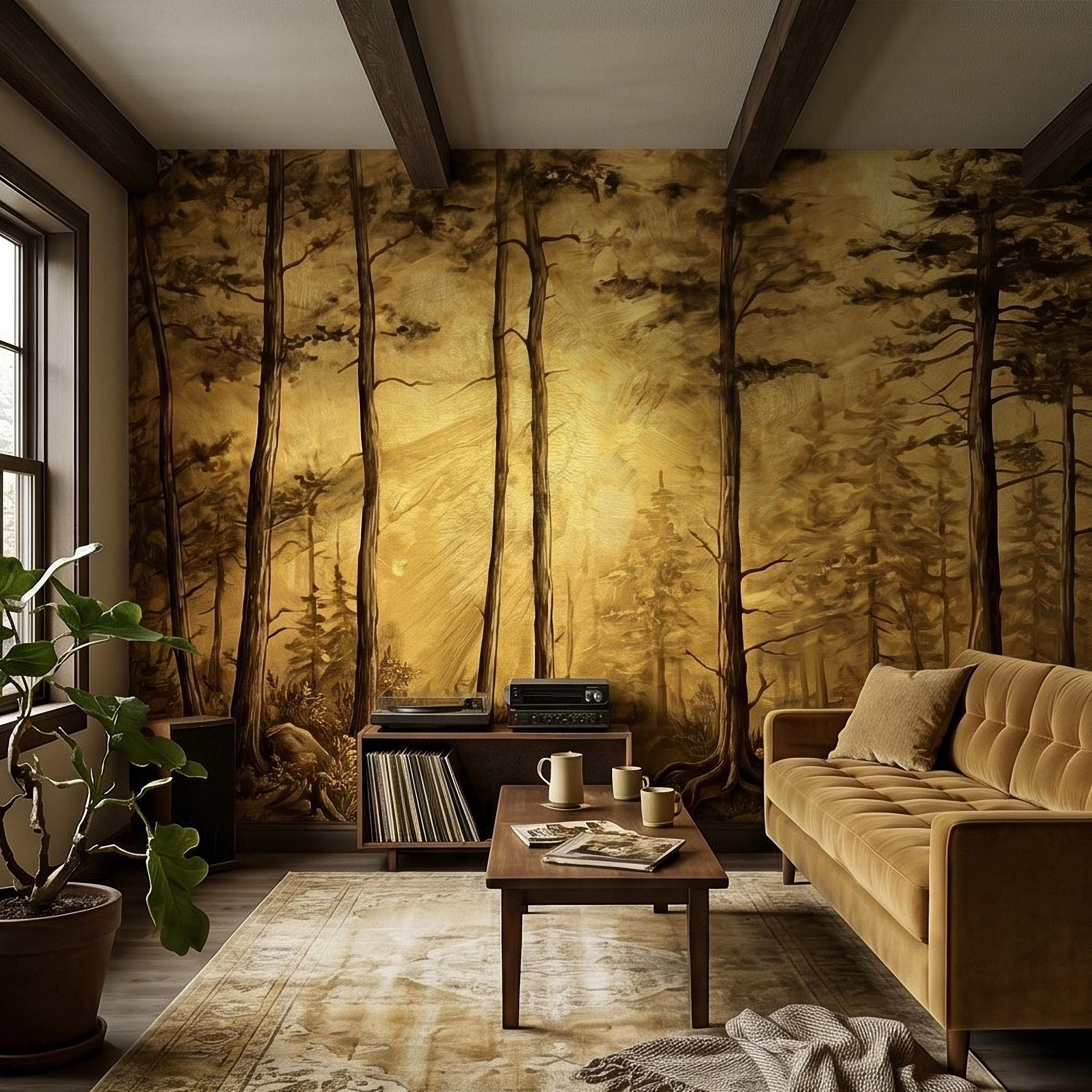 Golden Sepia Forest Peel and Stick Wall Mural, Sunlit Woodland Trees, Warm Vintage Nature Landscape, Neutral Rustic Cabin Wallpaper