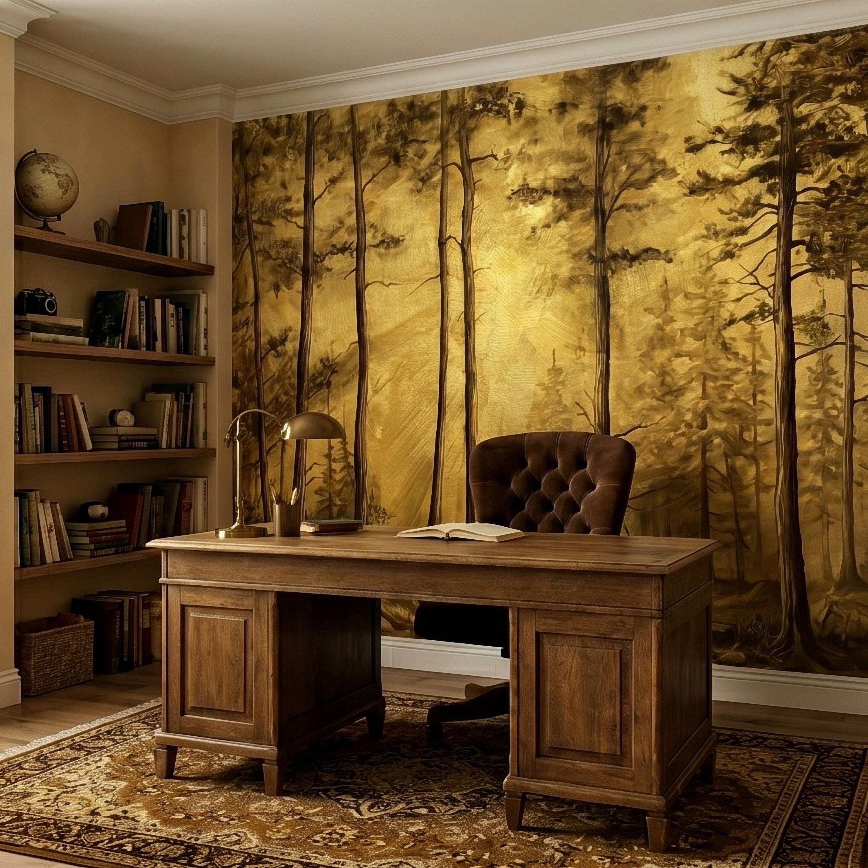 Golden Sepia Forest Peel and Stick Wall Mural, Sunlit Woodland Trees, Warm Vintage Nature Landscape, Neutral Rustic Cabin Wallpaper