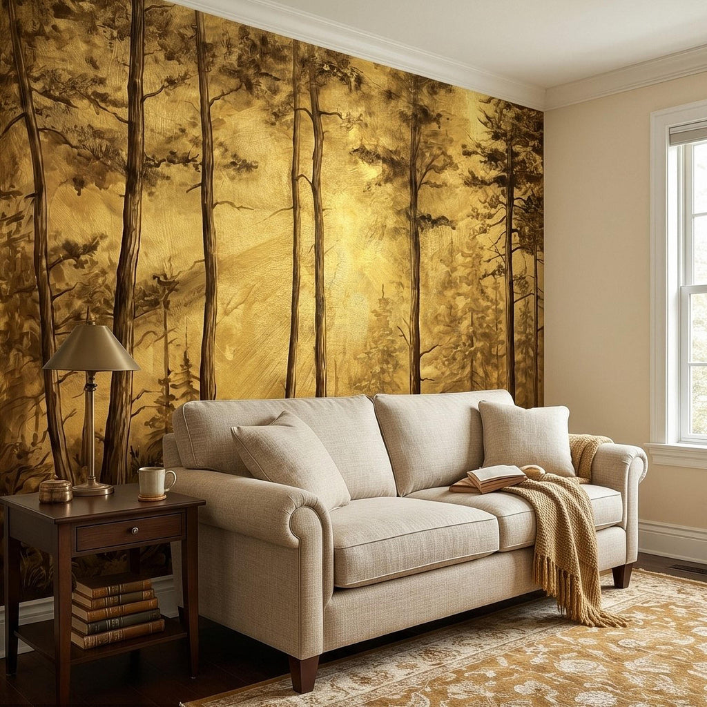 Golden Sepia Forest Peel and Stick Wall Mural, Sunlit Woodland Trees, Warm Vintage Nature Landscape, Neutral Rustic Cabin Wallpaper