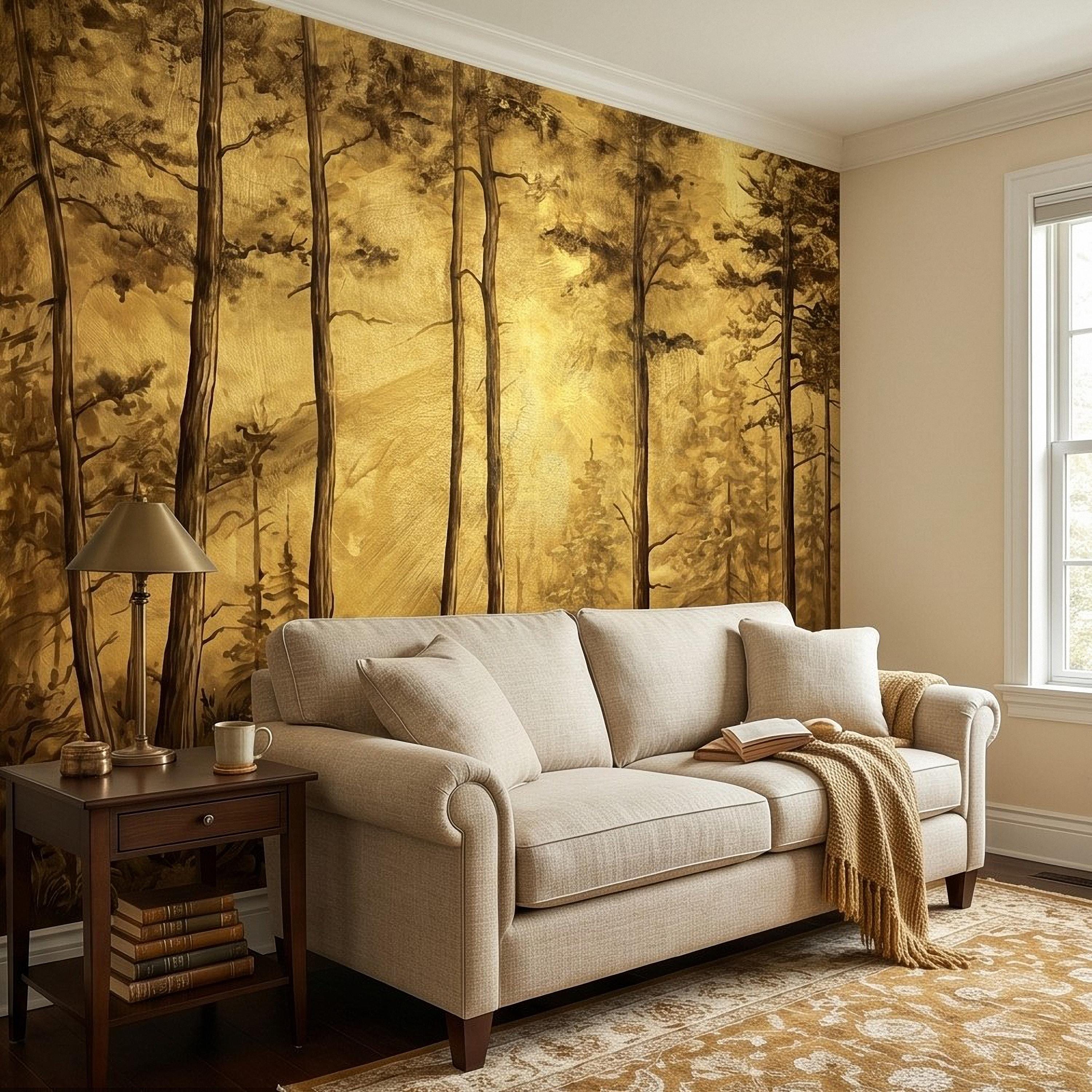 Golden Sepia Forest Peel and Stick Wall Mural, Sunlit Woodland Trees, Warm Vintage Nature Landscape, Neutral Rustic Cabin Wallpaper