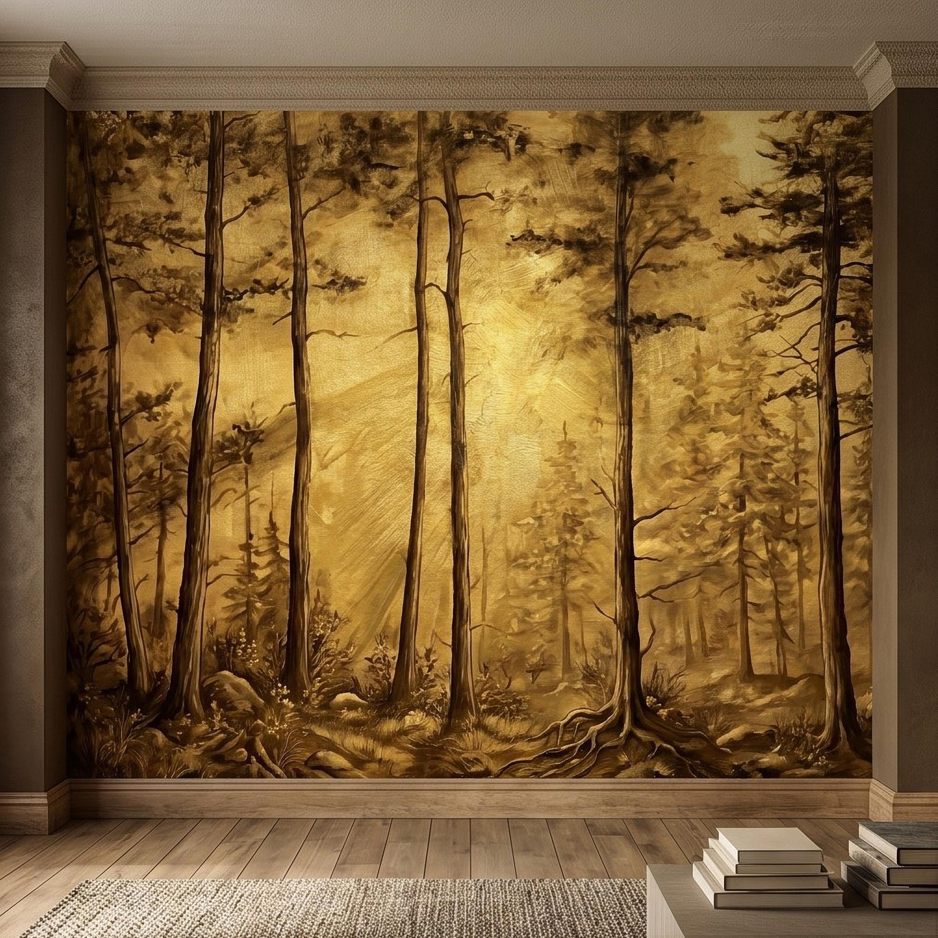 Golden Sepia Forest Peel and Stick Wall Mural, Sunlit Woodland Trees, Warm Vintage Nature Landscape, Neutral Rustic Cabin Wallpaper