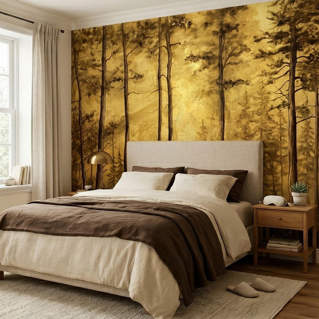 Golden Sepia Forest Peel and Stick Wall Mural, Sunlit Woodland Trees, Warm Vintage Nature Landscape, Neutral Rustic Cabin Wallpaper