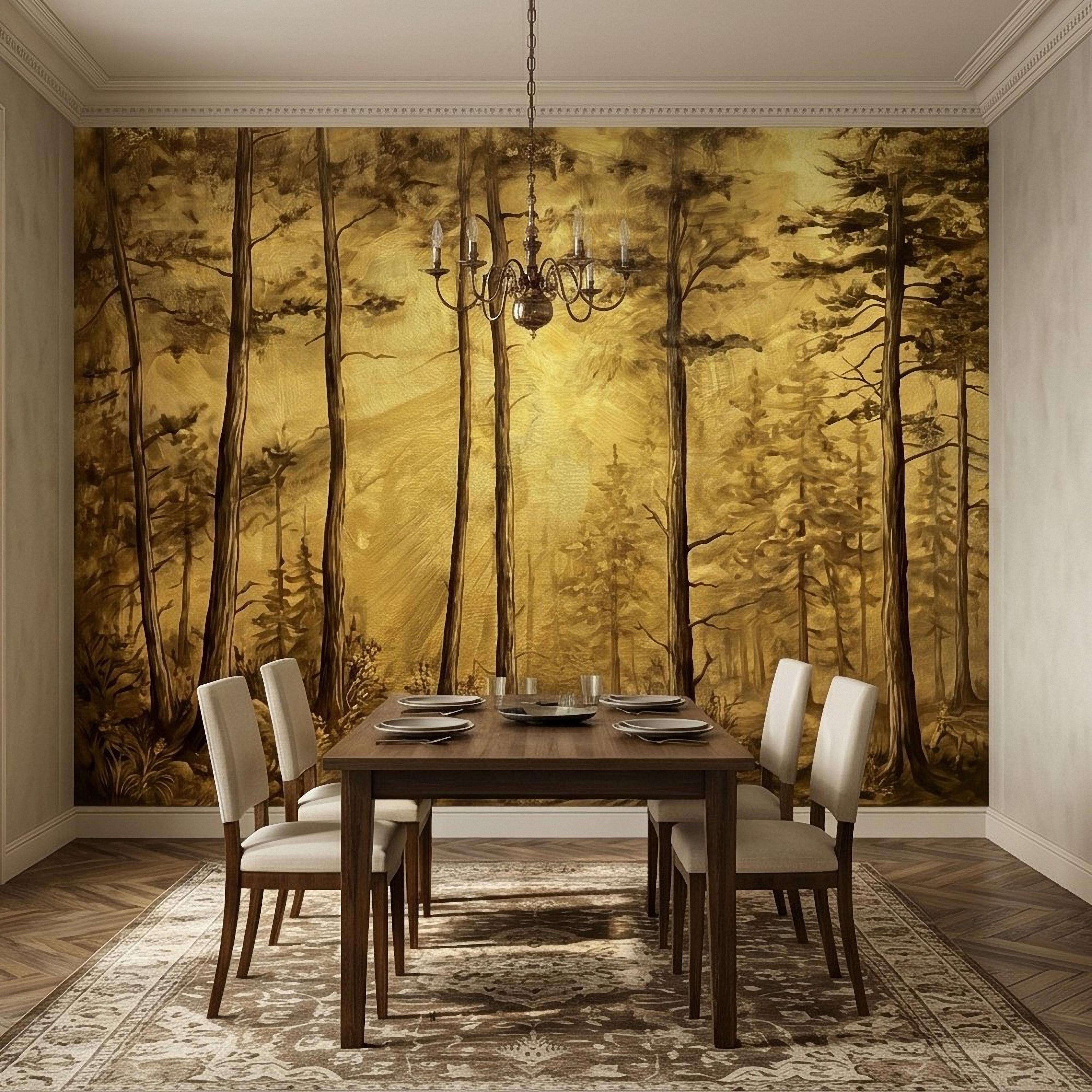Golden Sepia Forest Peel and Stick Wall Mural, Sunlit Woodland Trees, Warm Vintage Nature Landscape, Neutral Rustic Cabin Wallpaper