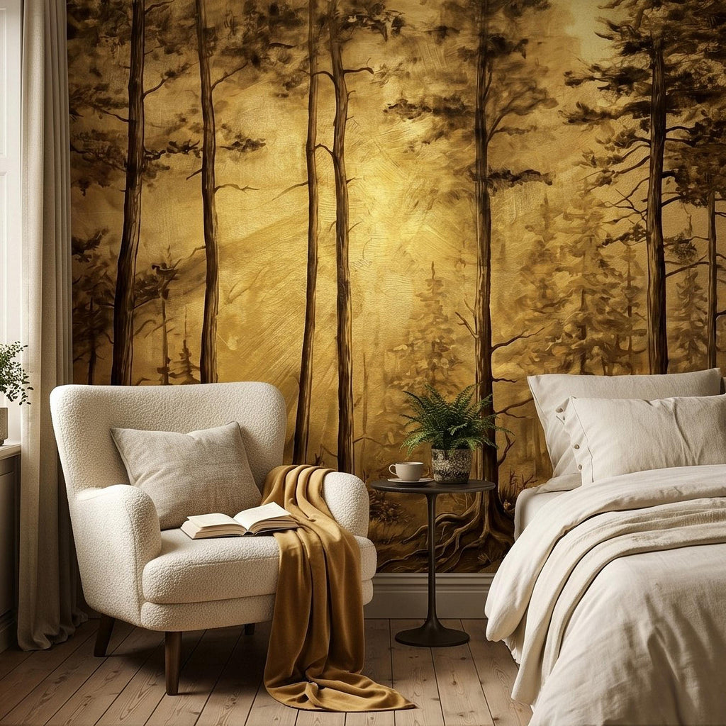 Golden Sepia Forest Peel and Stick Wall Mural, Sunlit Woodland Trees, Warm Vintage Nature Landscape, Neutral Rustic Cabin Wallpaper
