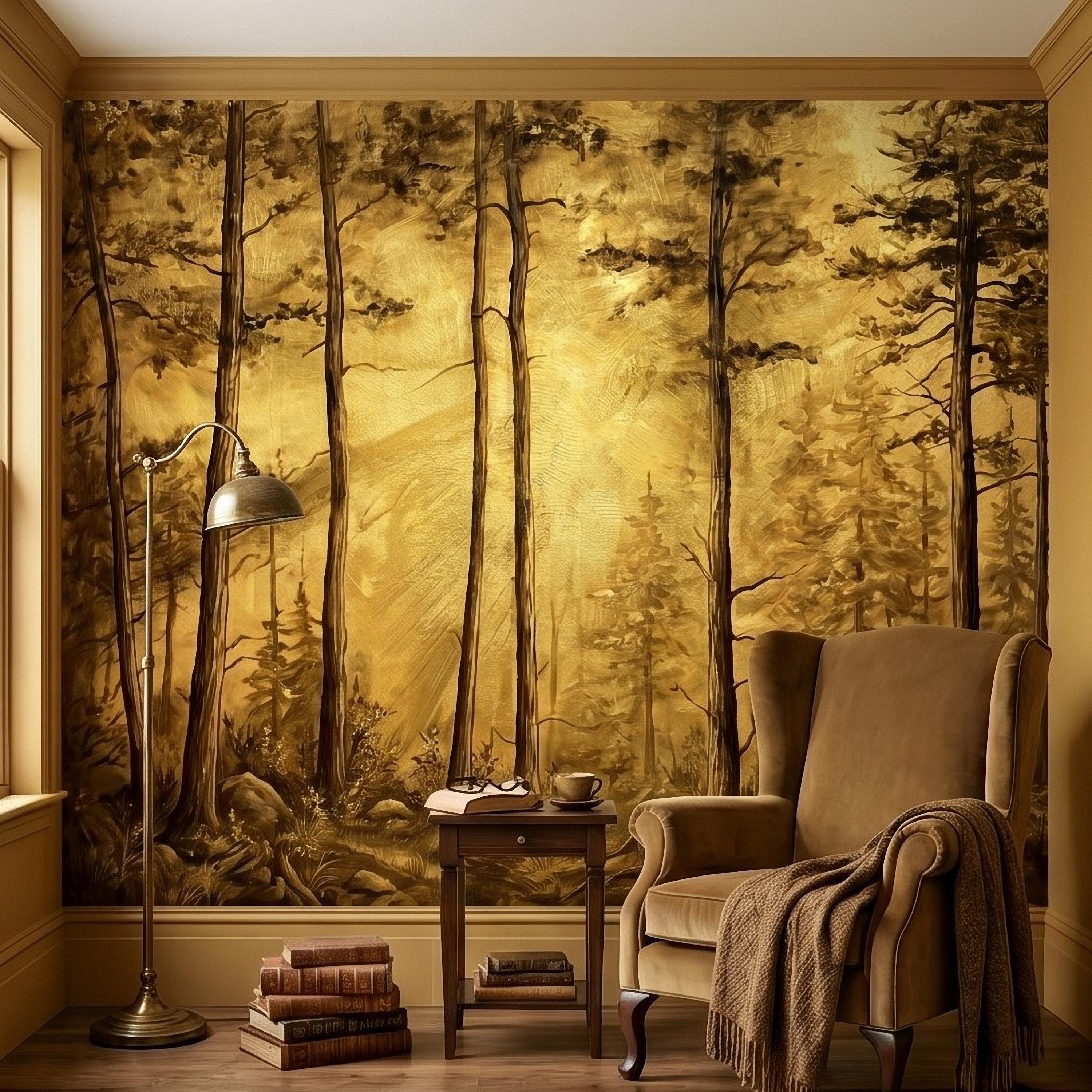 Golden Sepia Forest Peel and Stick Wall Mural, Sunlit Woodland Trees, Warm Vintage Nature Landscape, Neutral Rustic Cabin Wallpaper