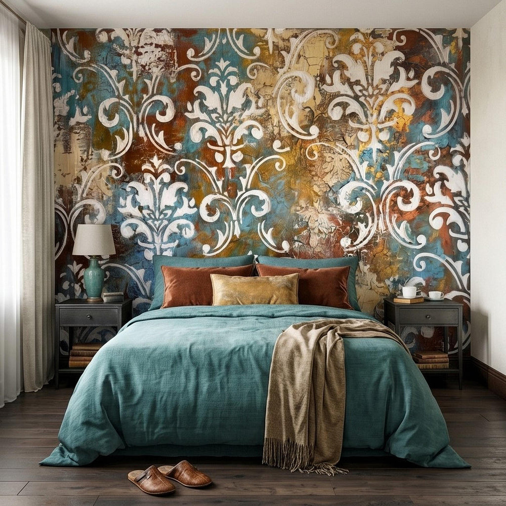 Vintage Damask Peel and Stick Wall Mural, Distressed Teal Rust Plaster Texture, Ornate Baroque Scroll, Antique European Aged Wallpaper