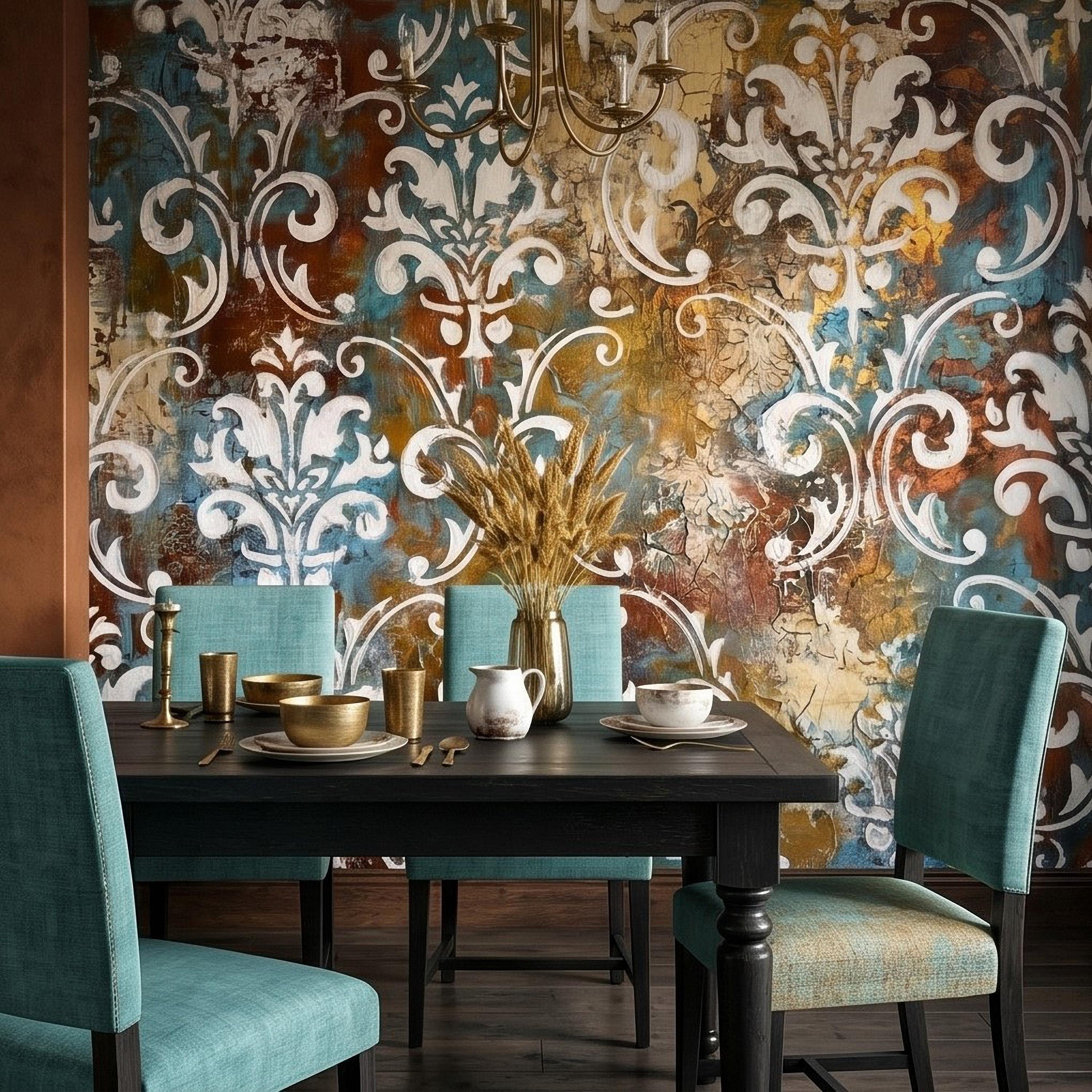 Vintage Damask Peel and Stick Wall Mural, Distressed Teal Rust Plaster Texture, Ornate Baroque Scroll, Antique European Aged Wallpaper