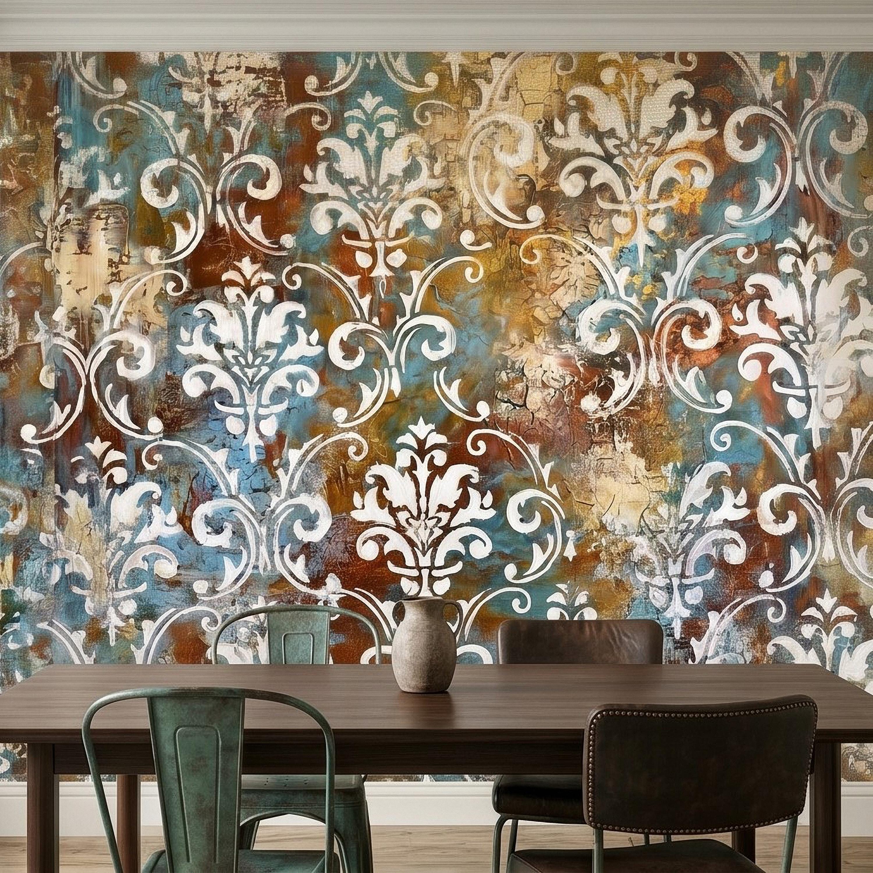 Vintage Damask Peel and Stick Wall Mural, Distressed Teal Rust Plaster Texture, Ornate Baroque Scroll, Antique European Aged Wallpaper