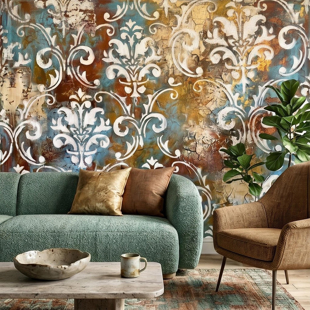 Vintage Damask Peel and Stick Wall Mural, Distressed Teal Rust Plaster Texture, Ornate Baroque Scroll, Antique European Aged Wallpaper