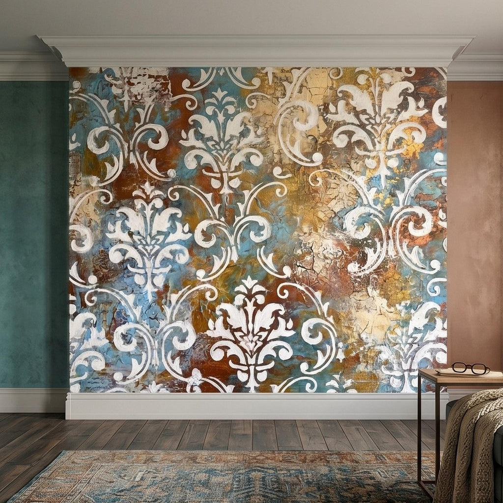 Vintage Damask Peel and Stick Wall Mural, Distressed Teal Rust Plaster Texture, Ornate Baroque Scroll, Antique European Aged Wallpaper