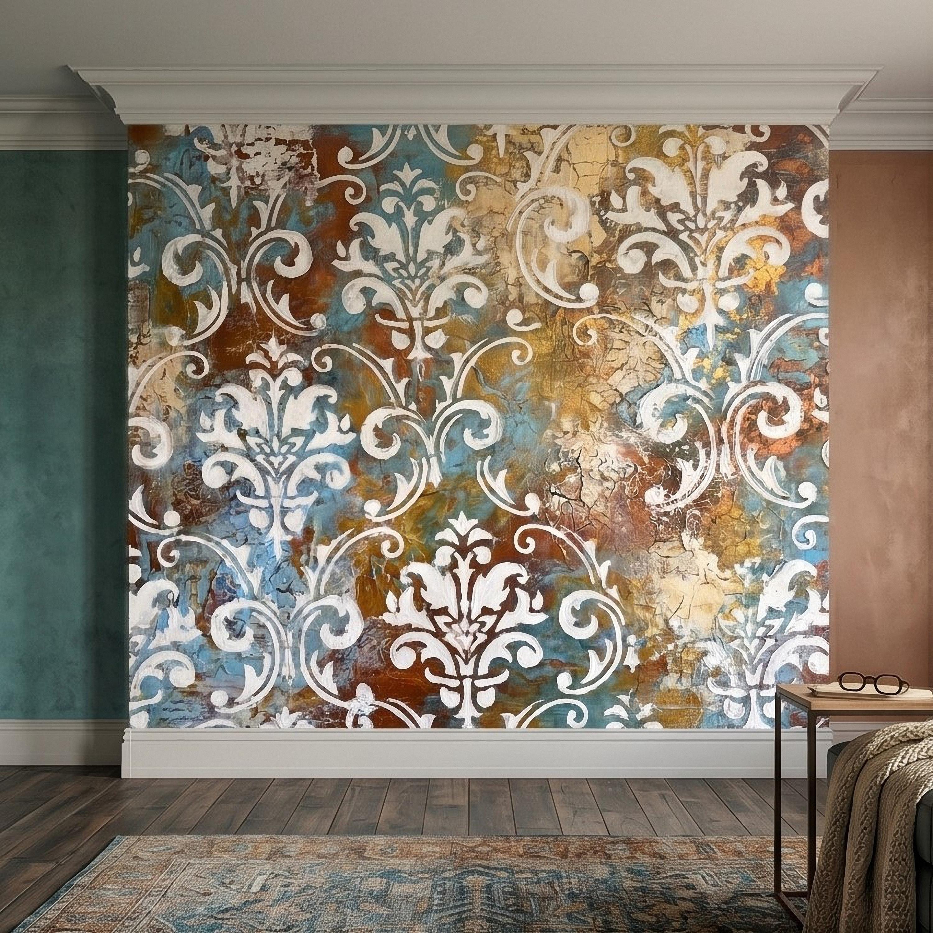 Vintage Damask Peel and Stick Wall Mural, Distressed Teal Rust Plaster Texture, Ornate Baroque Scroll, Antique European Aged Wallpaper