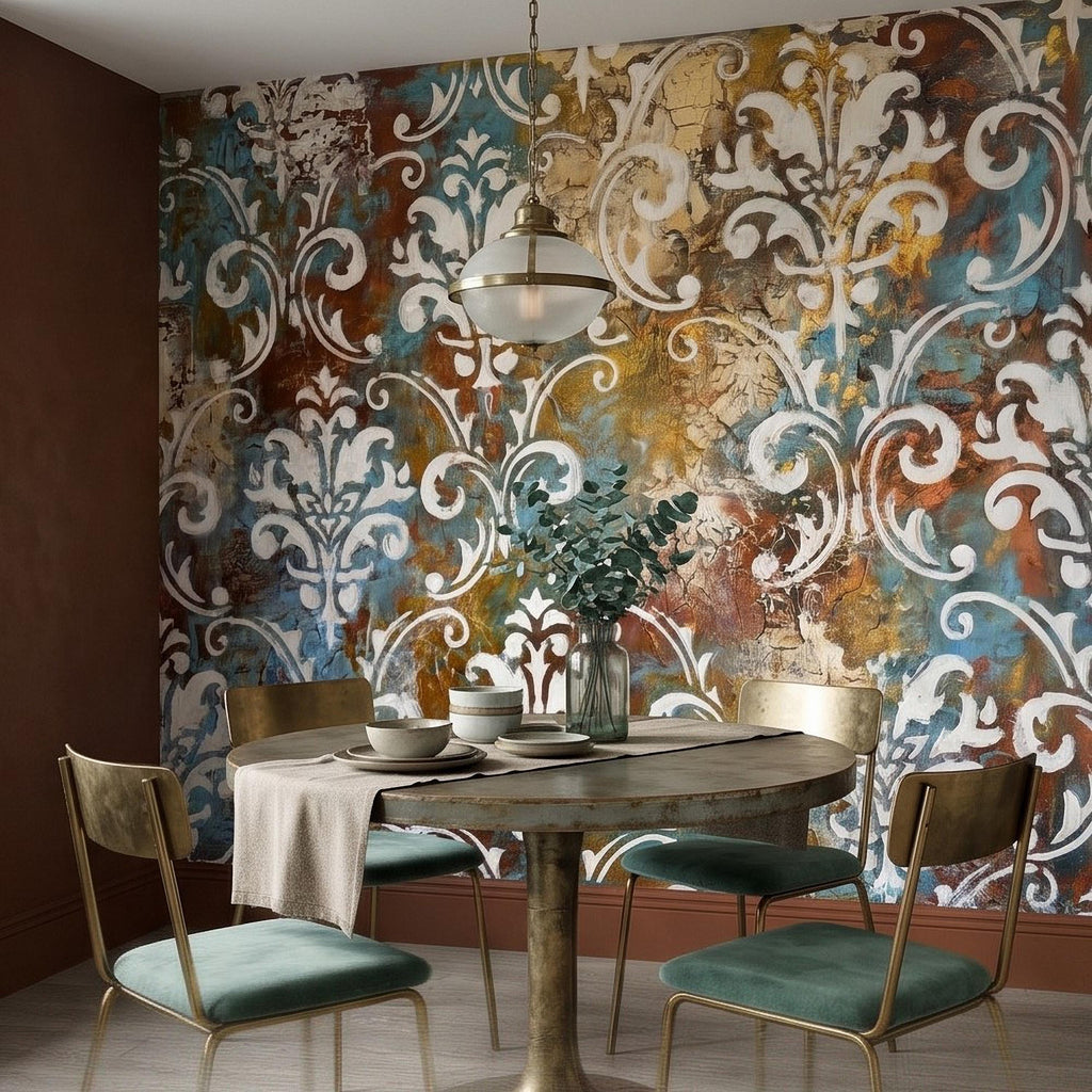 Vintage Damask Peel and Stick Wall Mural, Distressed Teal Rust Plaster Texture, Ornate Baroque Scroll, Antique European Aged Wallpaper