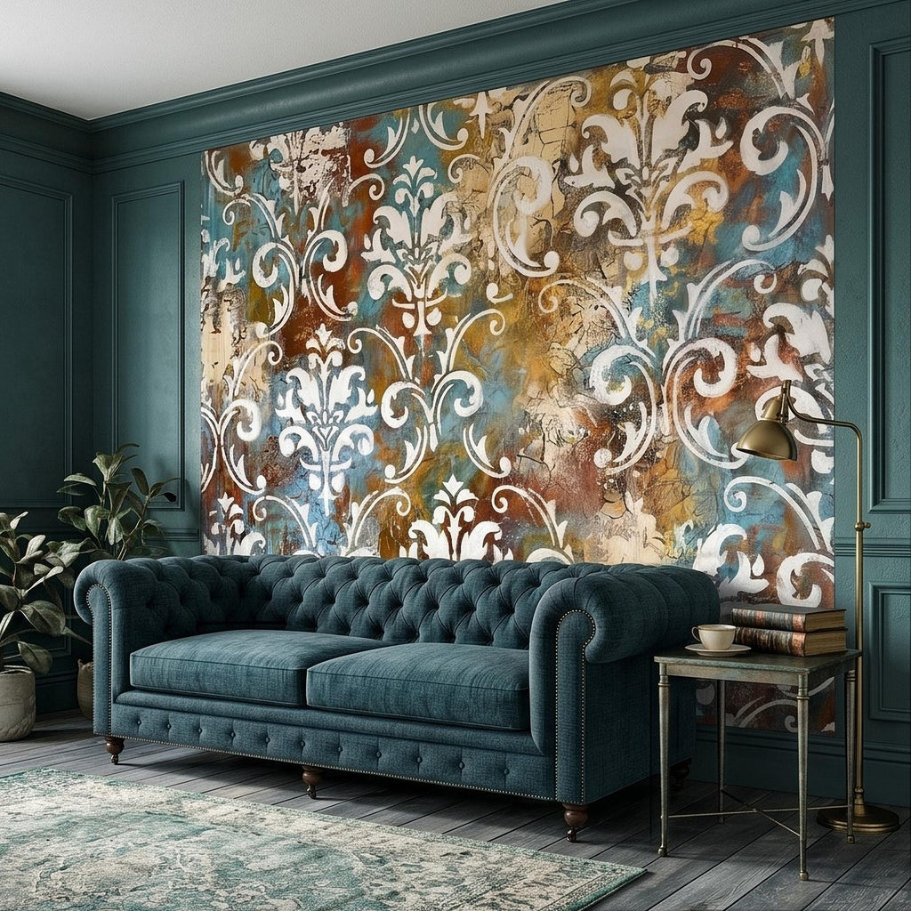 Vintage Damask Peel and Stick Wall Mural, Distressed Teal Rust Plaster Texture, Ornate Baroque Scroll, Antique European Aged Wallpaper