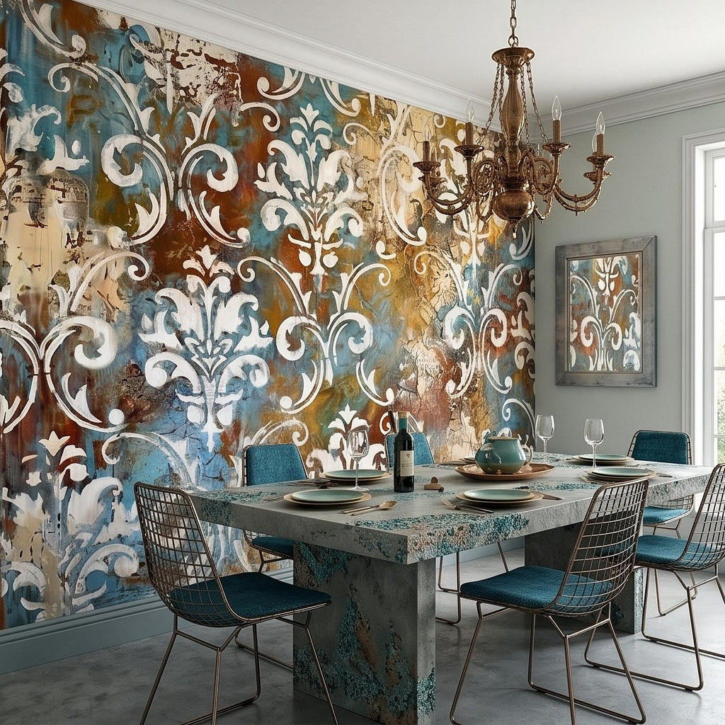 Vintage Damask Peel and Stick Wall Mural, Distressed Teal Rust Plaster Texture, Ornate Baroque Scroll, Antique European Aged Wallpaper