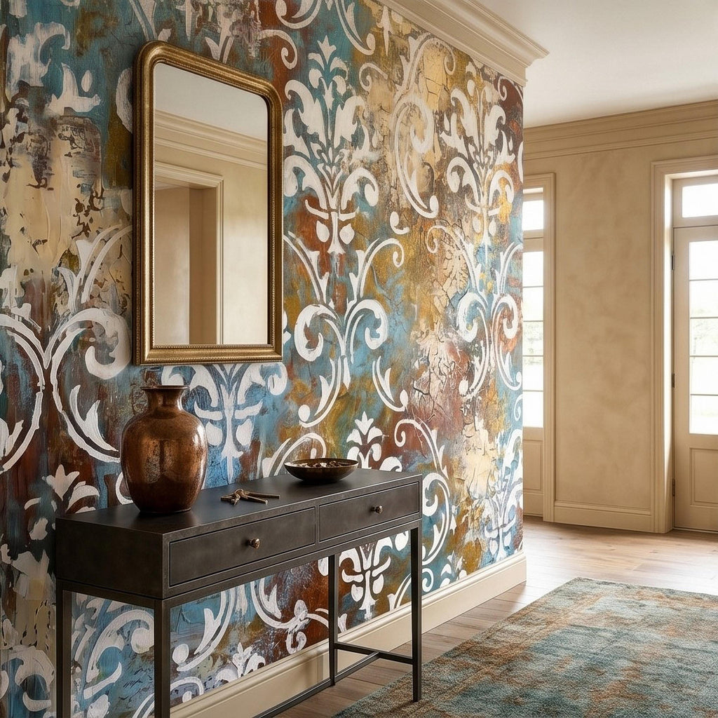 Vintage Damask Peel and Stick Wall Mural, Distressed Teal Rust Plaster Texture, Ornate Baroque Scroll, Antique European Aged Wallpaper