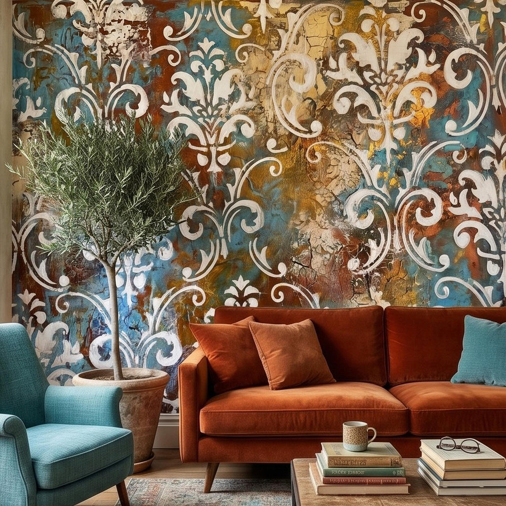 Vintage Damask Peel and Stick Wall Mural, Distressed Teal Rust Plaster Texture, Ornate Baroque Scroll, Antique European Aged Wallpaper