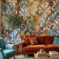 Vintage Damask Peel and Stick Wall Mural, Distressed Teal Rust Plaster Texture, Ornate Baroque Scroll, Antique European Aged Wallpaper