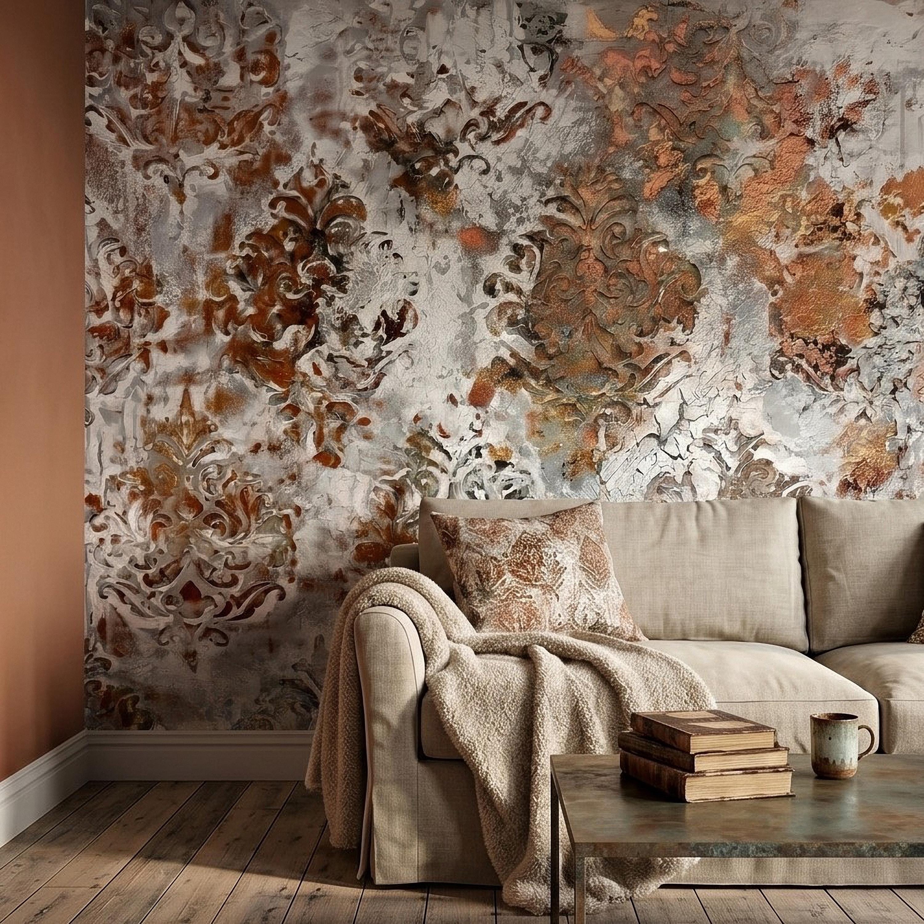 Distressed Damask Peel and Stick Wall Mural, White Plaster Texture with Copper Rust Patina, Vintage Baroque Ornate Scroll Wallpaper