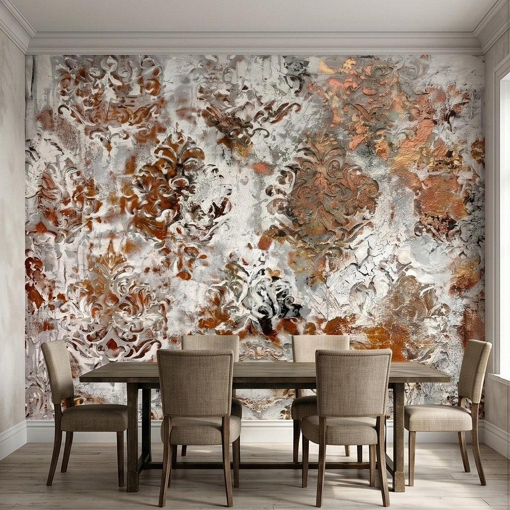 Distressed Damask Peel and Stick Wall Mural, White Plaster Texture with Copper Rust Patina, Vintage Baroque Ornate Scroll Wallpaper