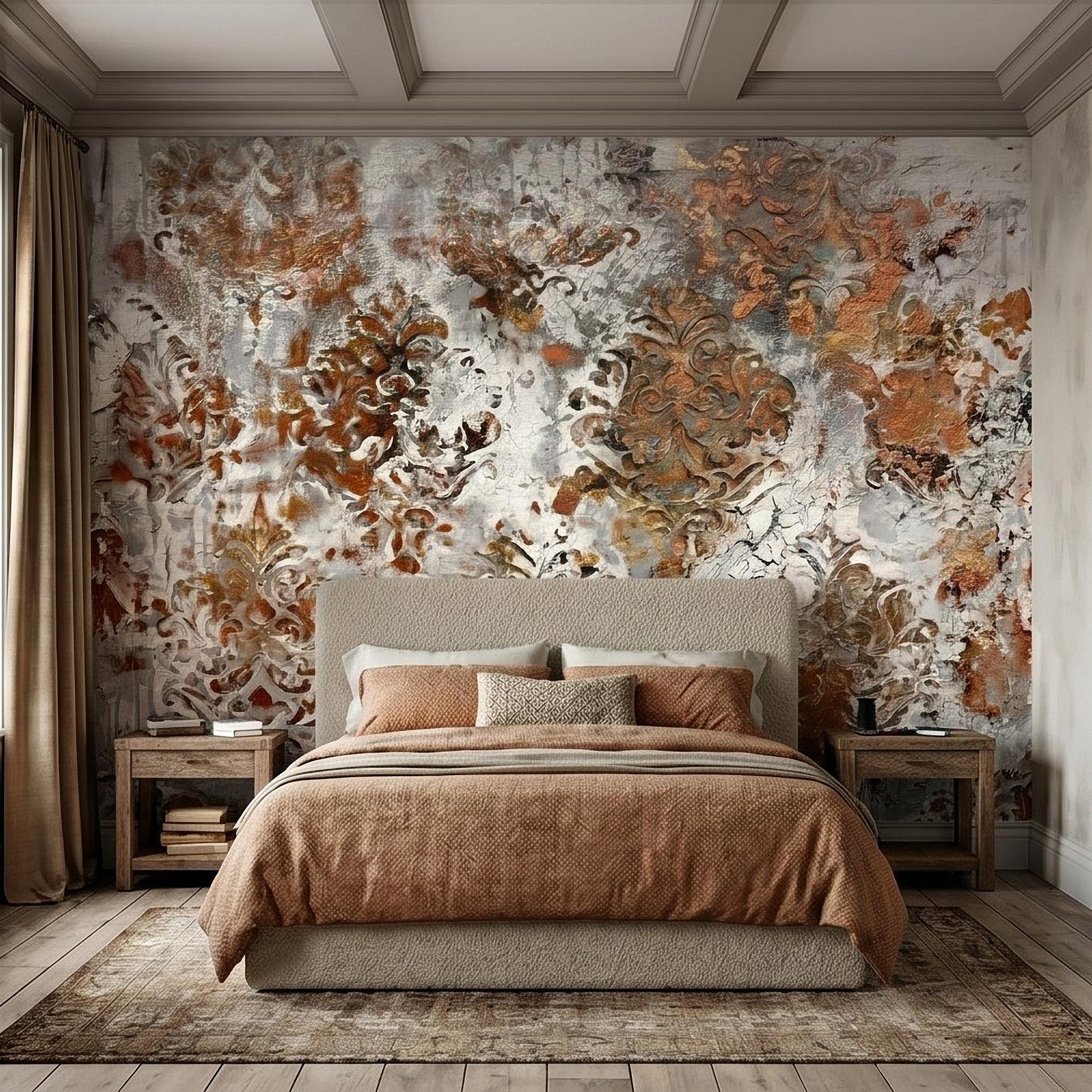 Distressed Damask Peel and Stick Wall Mural, White Plaster Texture with Copper Rust Patina, Vintage Baroque Ornate Scroll Wallpaper