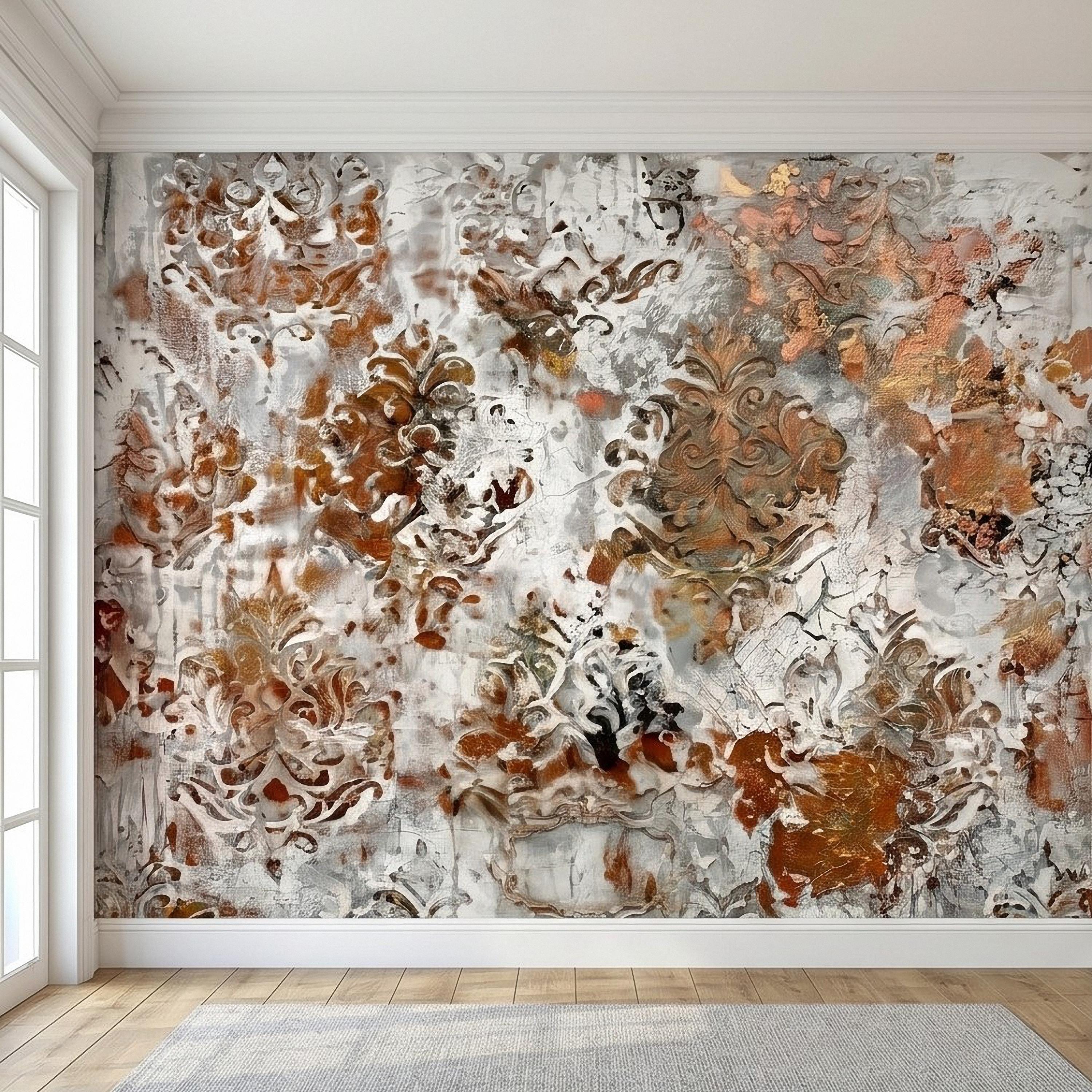Distressed Damask Peel and Stick Wall Mural, White Plaster Texture with Copper Rust Patina, Vintage Baroque Ornate Scroll Wallpaper