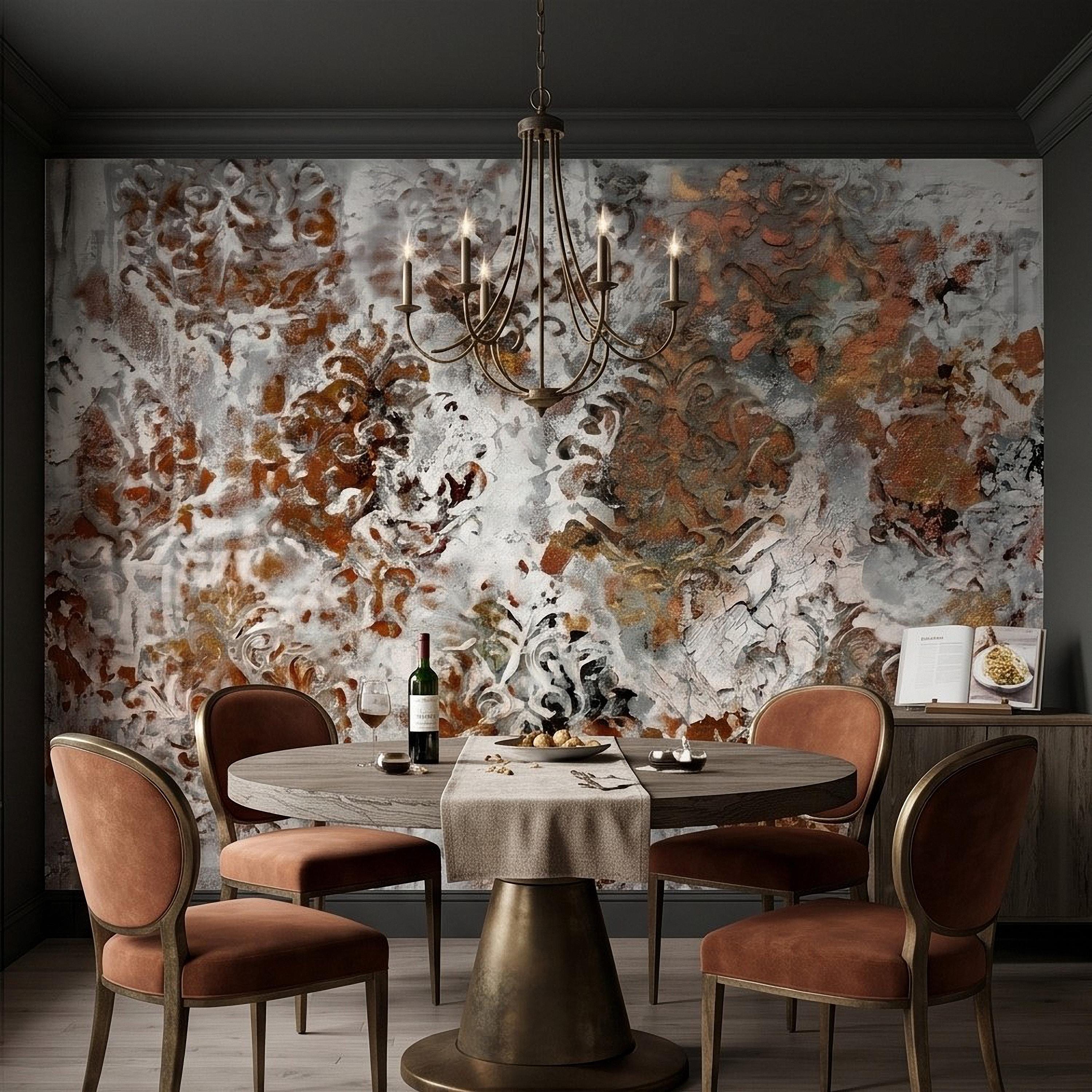 Distressed Damask Peel and Stick Wall Mural, White Plaster Texture with Copper Rust Patina, Vintage Baroque Ornate Scroll Wallpaper