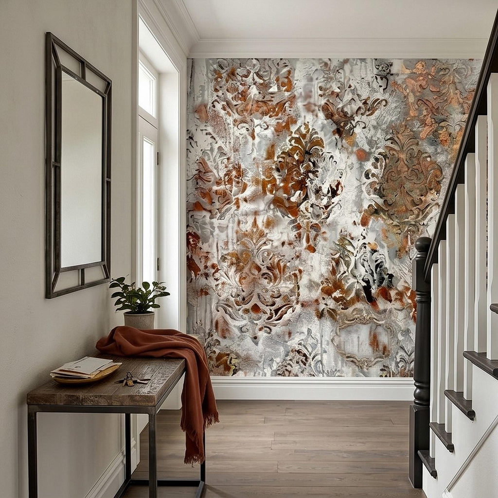 Distressed Damask Peel and Stick Wall Mural, White Plaster Texture with Copper Rust Patina, Vintage Baroque Ornate Scroll Wallpaper
