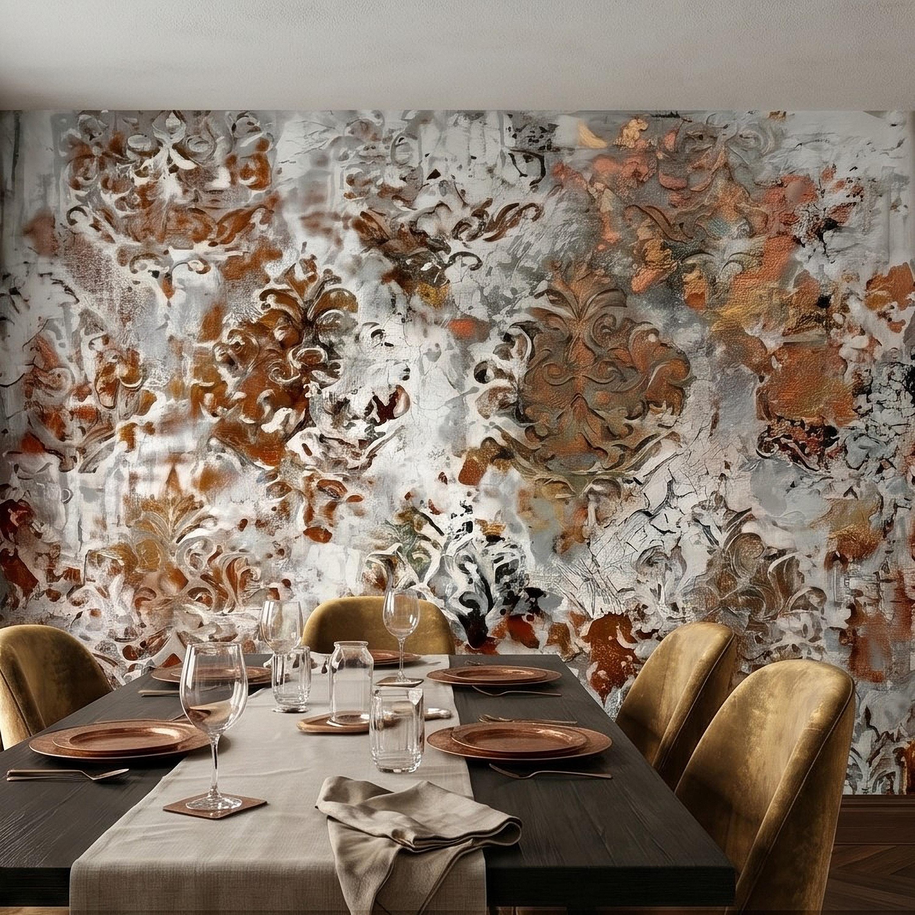 Distressed Damask Peel and Stick Wall Mural, White Plaster Texture with Copper Rust Patina, Vintage Baroque Ornate Scroll Wallpaper