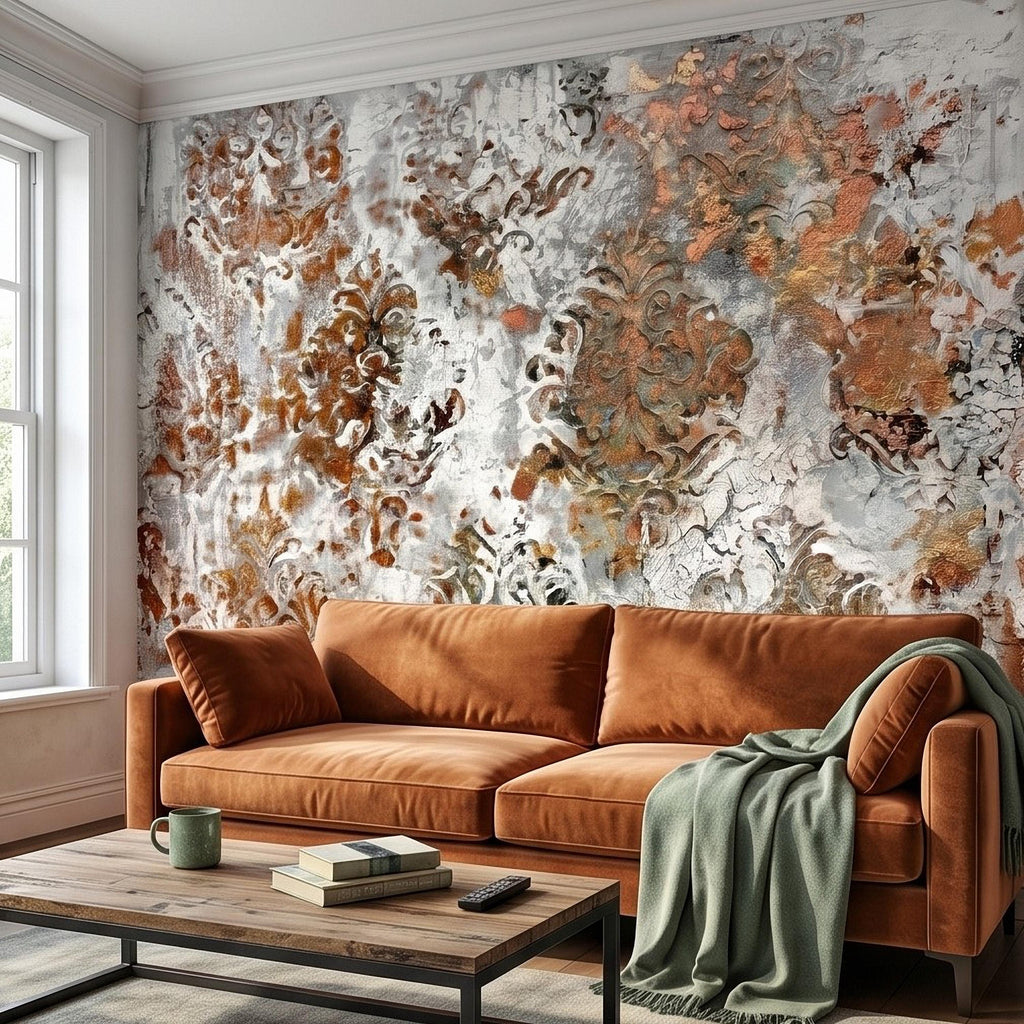 Distressed Damask Peel and Stick Wall Mural, White Plaster Texture with Copper Rust Patina, Vintage Baroque Ornate Scroll Wallpaper